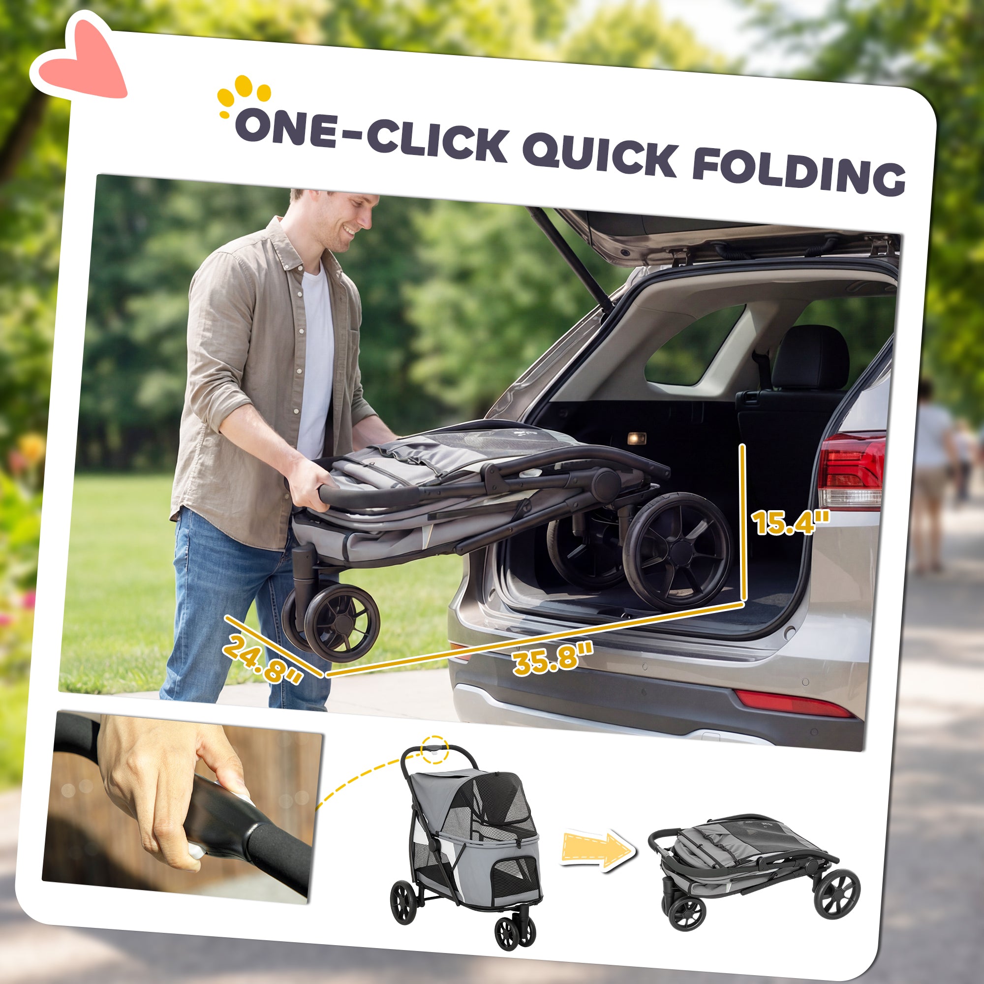 Foldable Dog Stroller / Pet Buggy for Dogs & Cats — Up to 44 lb (20 kg), Washable Cushion, Mesh Windows, 3 Wheels, Door, Rear Pocket, Gray