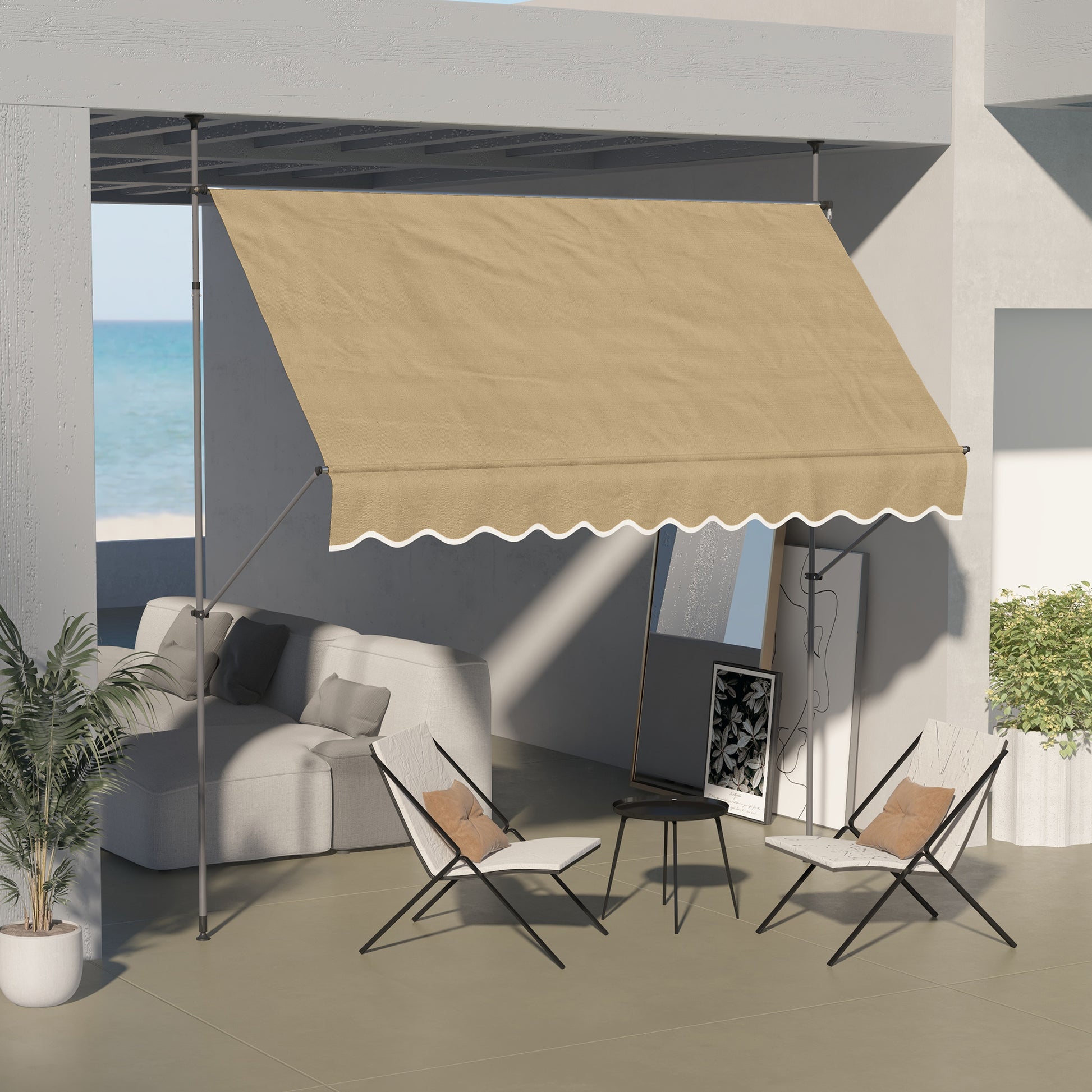 3x1.2m Manual Retractable Awning Exterior Terrace Roll-up Height Adjustable with Crank 210-300cm No Drill UV30+ Protection for Balcony Garden Beige