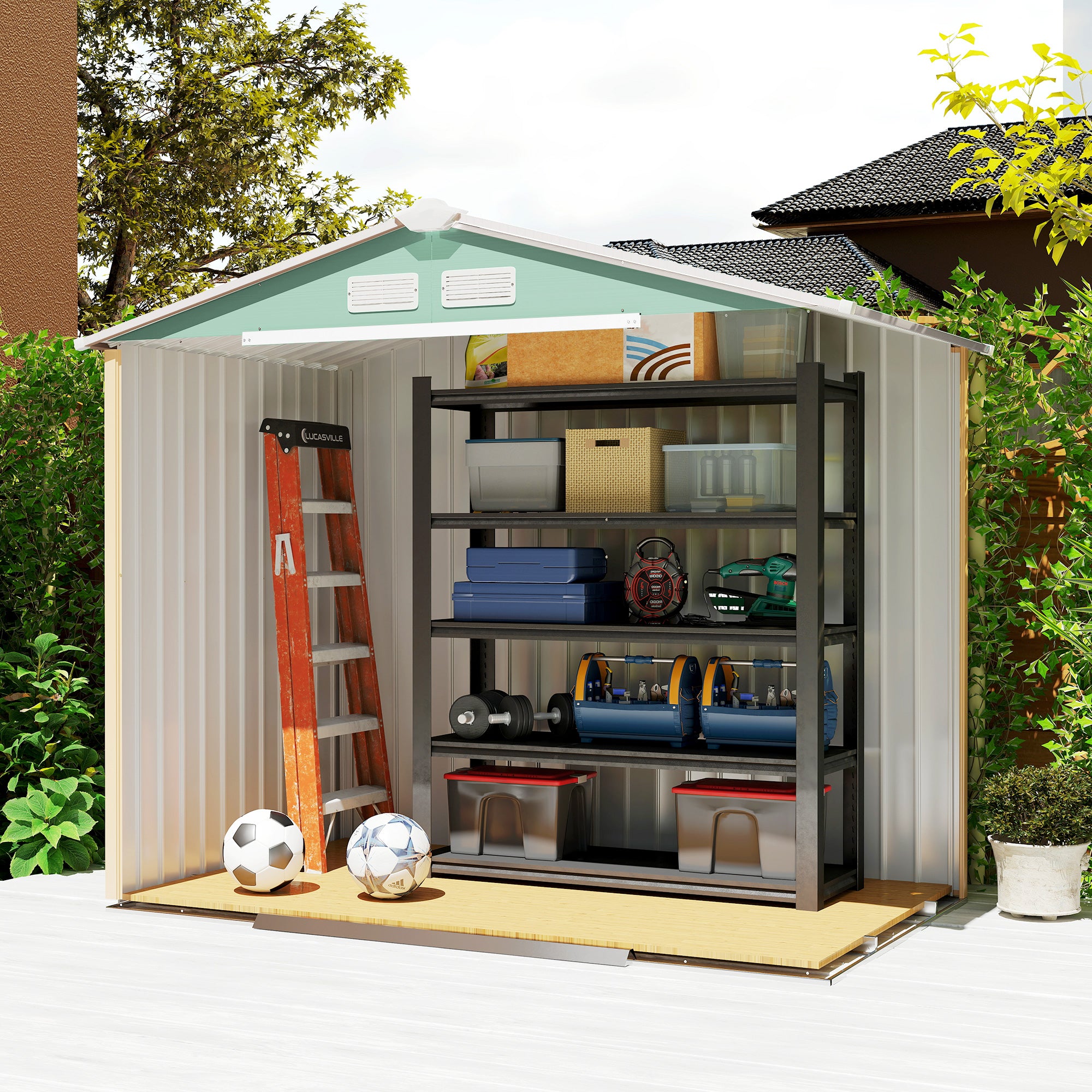 Tool Shed 2.5 m², Garden Shed with Pent Roof, Sliding Door, Foundation, 213 x 130 x 185 cm, Tool Shed made of Galvanized Steel, weatherproof, for Garden, Green
