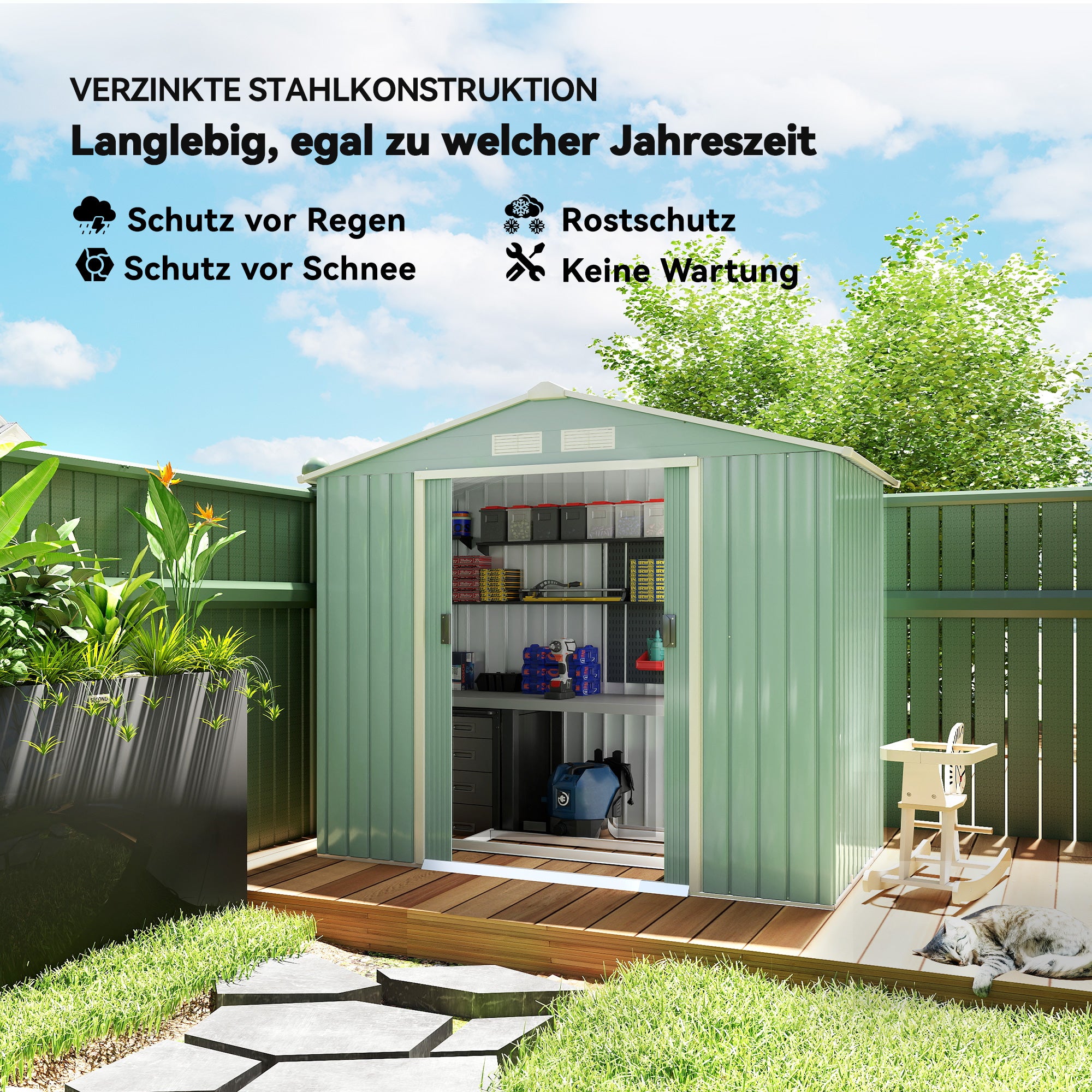 Tool Shed 2.5 m², Garden Shed with Pent Roof, Sliding Door, Foundation, 213 x 130 x 185 cm, Tool Shed made of Galvanized Steel, weatherproof, for Garden, Green