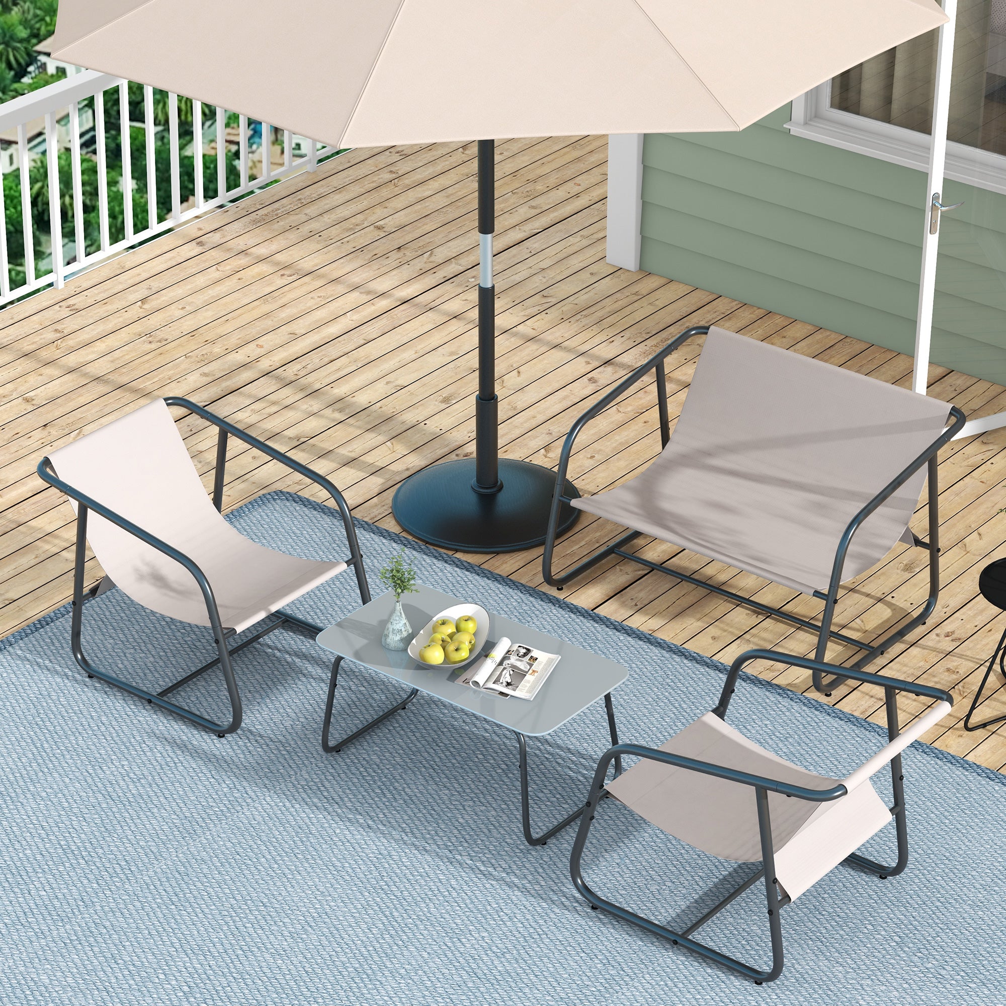 4-Piece Garden Furniture Set, Seating Group with 2 Chairs, 1 Loveseat, 1 Coffee Table with Tempered Glass, Patio Furniture for Balcony, Terrace, Mesh, Cream