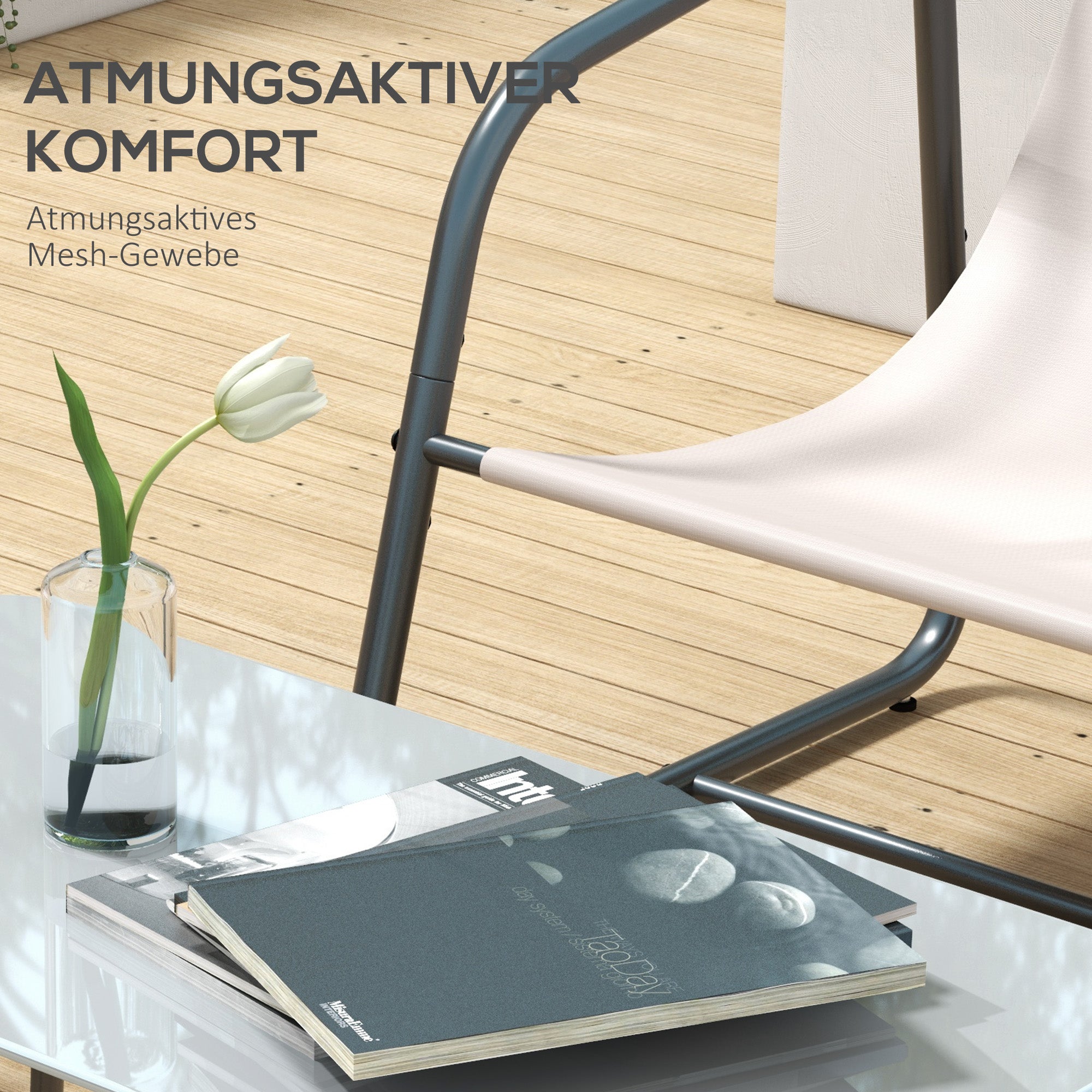 4-Piece Garden Furniture Set, Seating Group with 2 Chairs, 1 Loveseat, 1 Coffee Table with Tempered Glass, Patio Furniture for Balcony, Terrace, Mesh, Cream