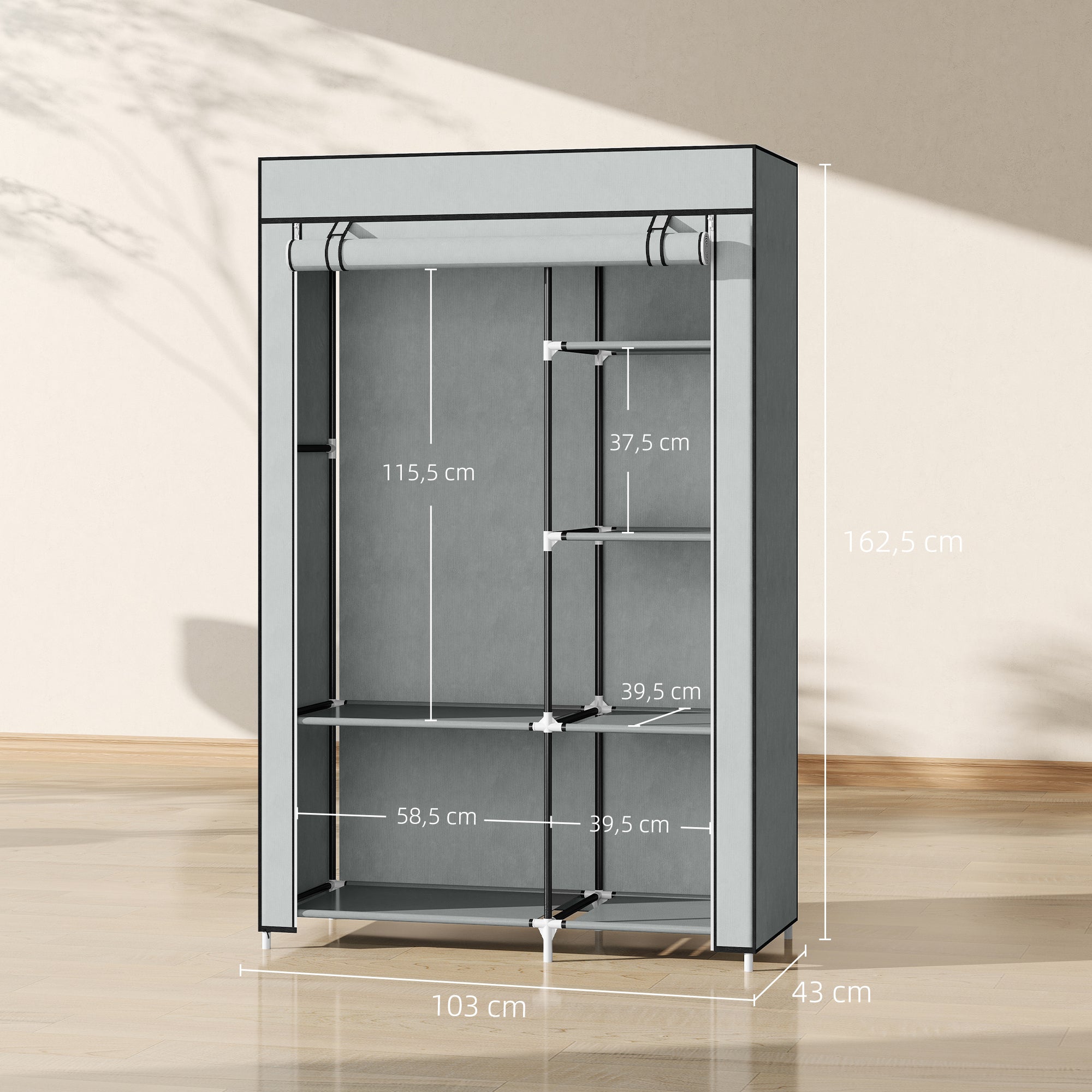 Wardrobe Fabric Closet with 6 Shelves, Clothes Rail, Zipper Folding Closet for Dressing Room Bedroom, 103 x 43 x 162.5 cm, Light Gray