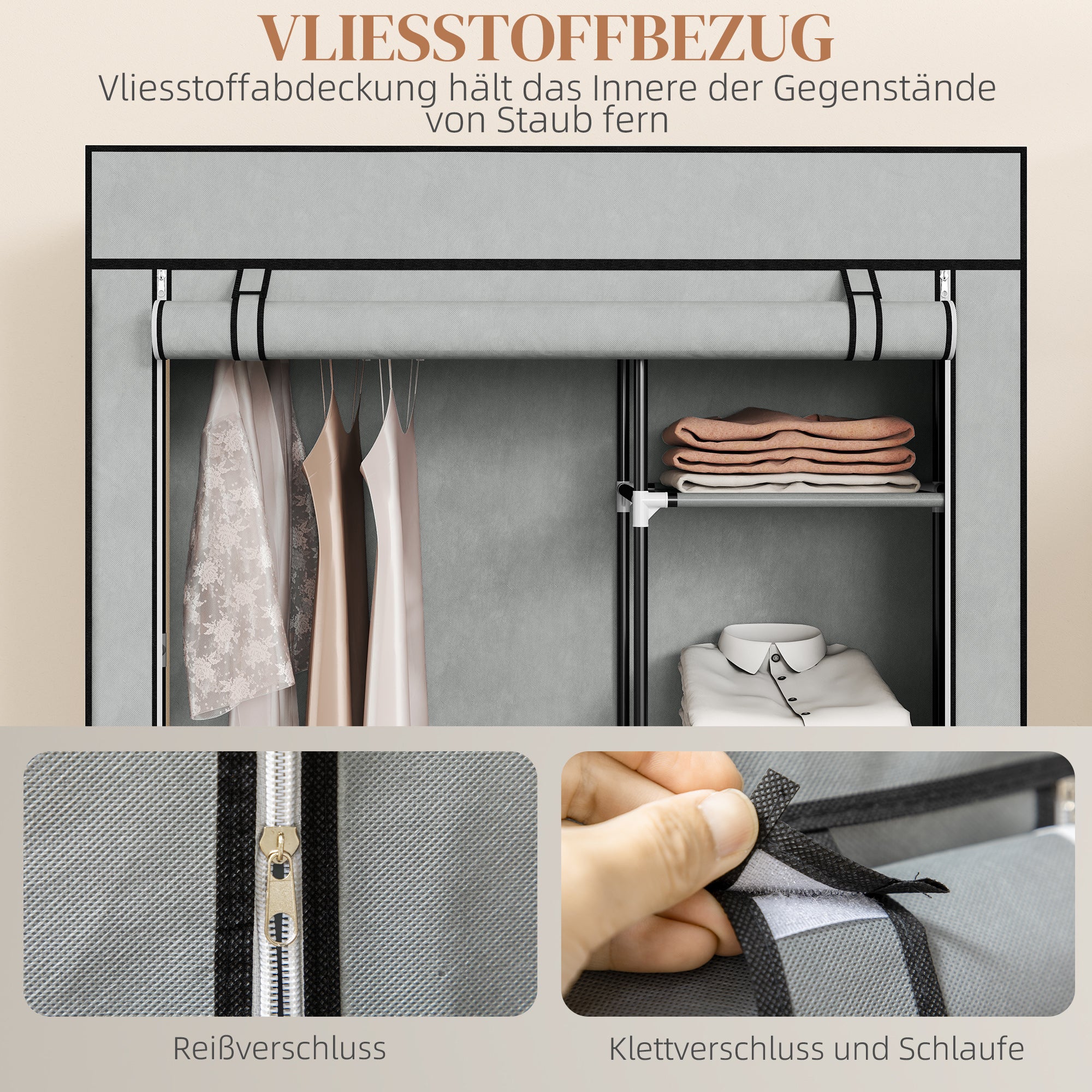 Wardrobe Fabric Closet with 6 Shelves, Clothes Rail, Zipper Folding Closet for Dressing Room Bedroom, 103 x 43 x 162.5 cm, Light Gray