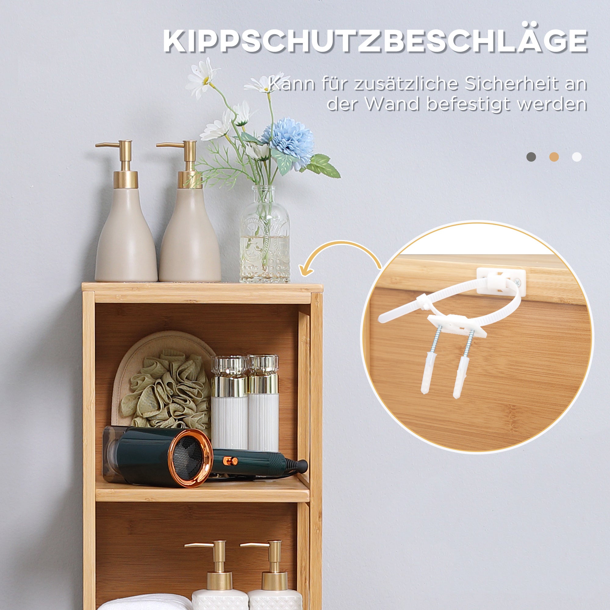 Bathroom Cabinet Vanity Cabinet with 2 Drawers, 3 Shelves, Bamboo Side Cabinet Slim Storage Cabinet for Bathroom, Living Room 30 x 30 x 140 cm Natural