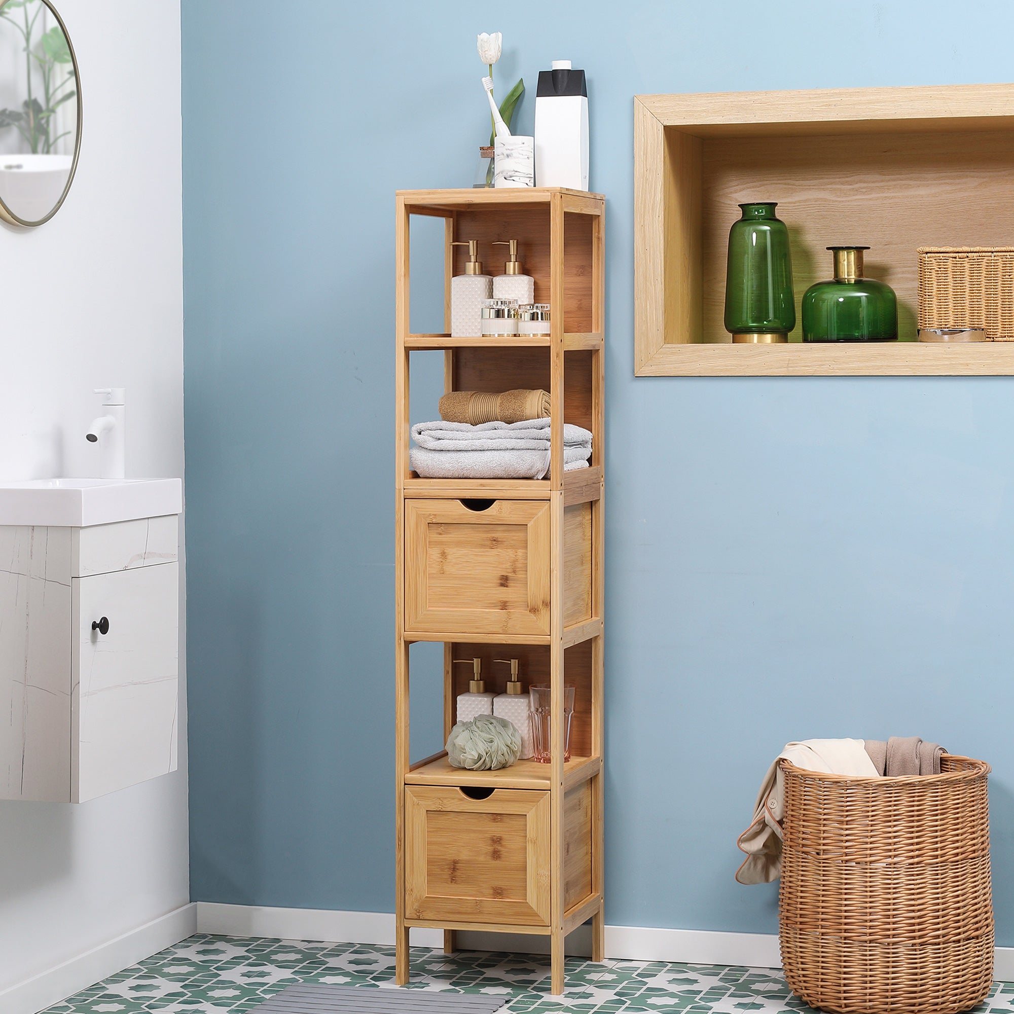 Bathroom Cabinet Vanity Cabinet with 2 Drawers, 3 Shelves, Bamboo Side Cabinet Slim Storage Cabinet for Bathroom, Living Room 30 x 30 x 140 cm Natural