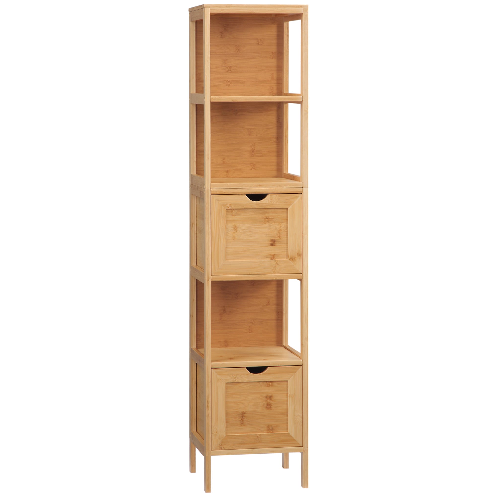 Bathroom Cabinet Vanity Cabinet with 2 Drawers, 3 Shelves, Bamboo Side Cabinet Slim Storage Cabinet for Bathroom, Living Room 30 x 30 x 140 cm Natural