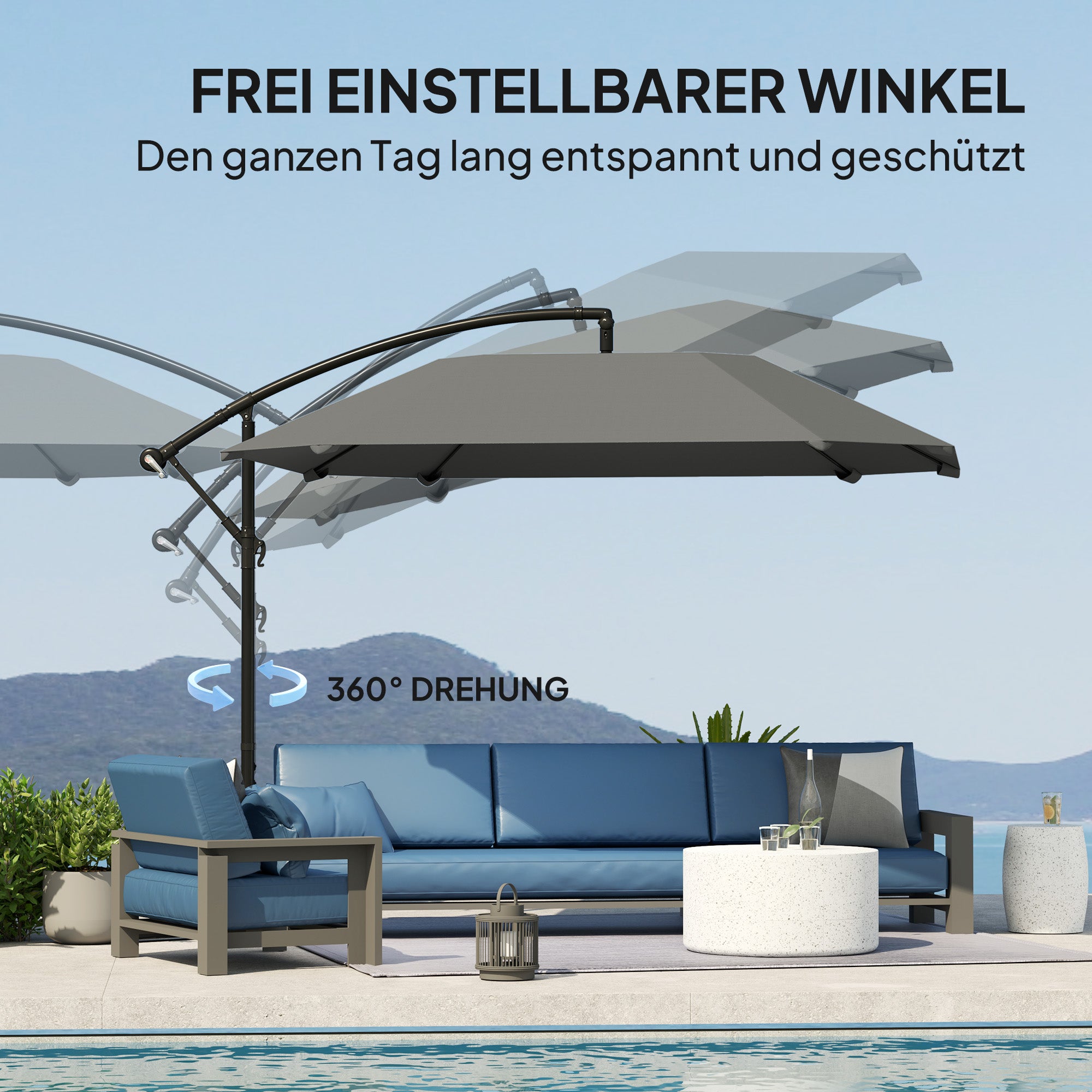 Cantilever Umbrella Aluminum Ø 260 cm Sunshade, waterproof crank umbrella with stand, crank, windproof, tiltable market umbrella, tiltable garden umbrella sun protection for balcony garden terrace dark gray