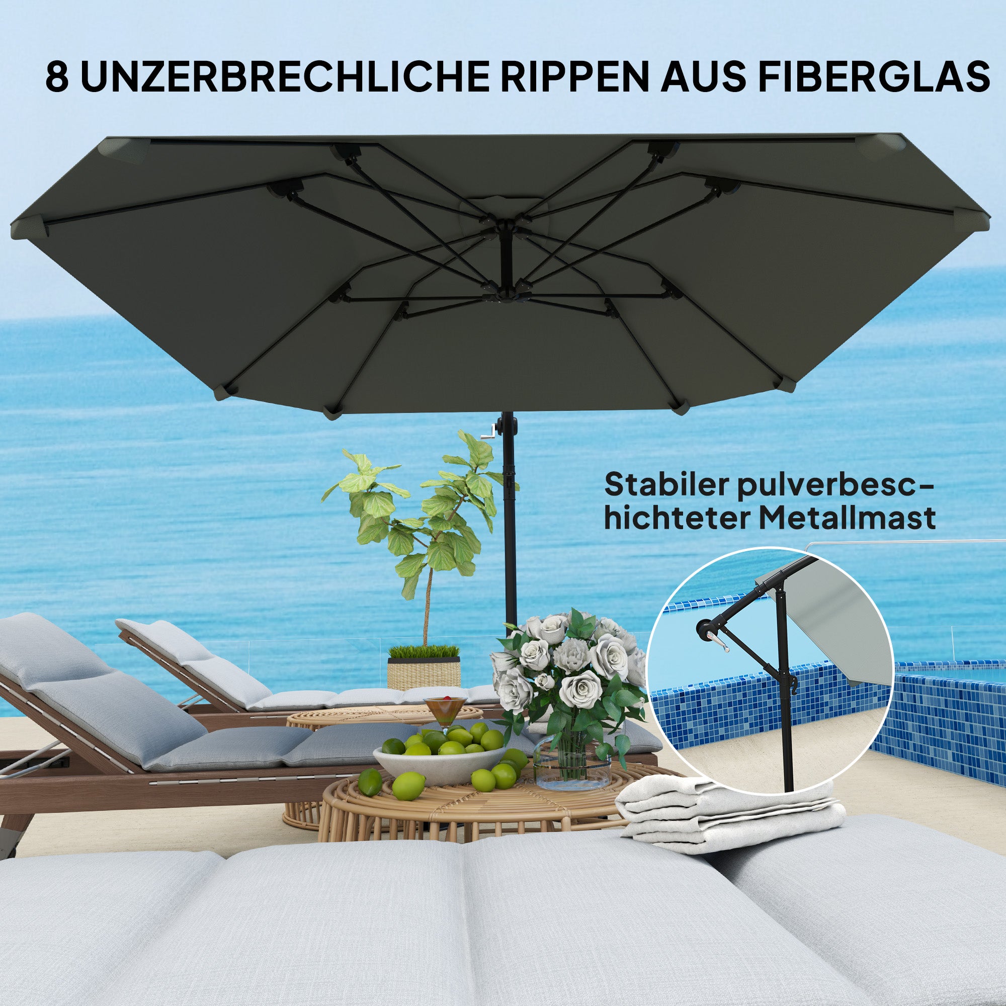 Cantilever Umbrella Aluminum Ø 260 cm Sunshade, waterproof crank umbrella with stand, crank, windproof, tiltable market umbrella, tiltable garden umbrella sun protection for balcony garden terrace dark gray