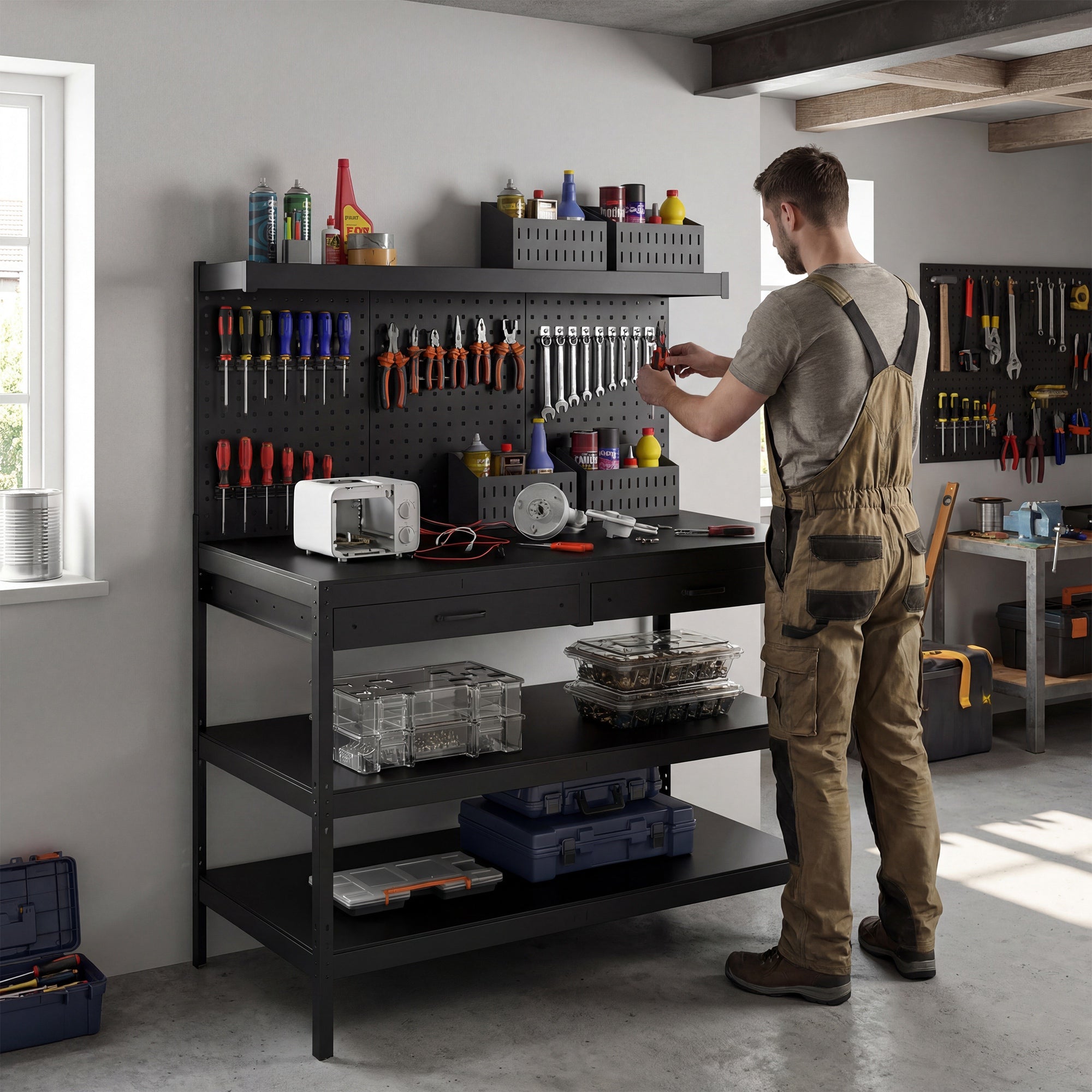 Workbench with Pegboard — Heavy-Duty Workstation with 2 Drawers & 2 Adjustable Shelves, 600 lb Capacity, 48 x 24 x 61.4 in (122 x 61 x 156 cm), Black