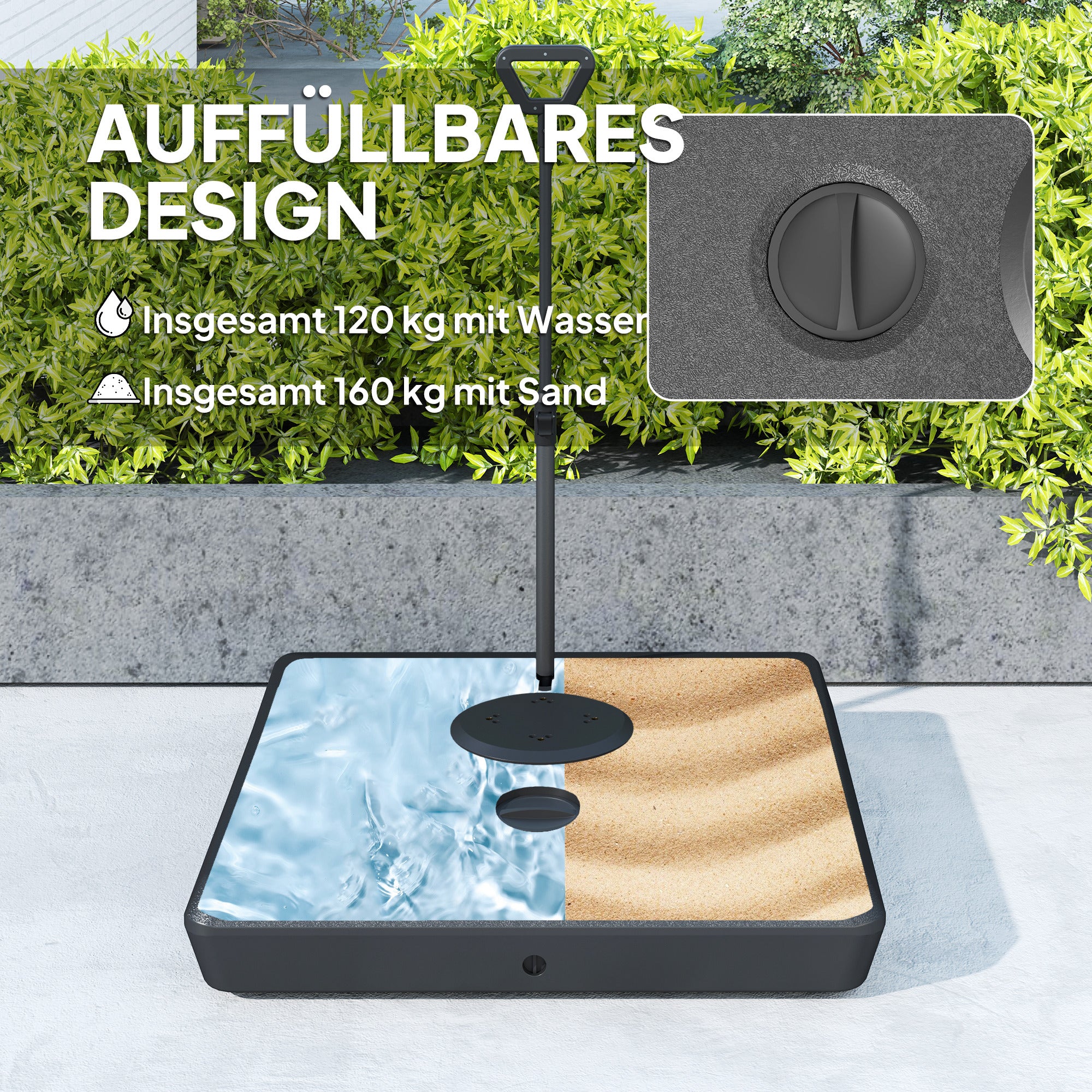 Umbrella Stand for up to 160 kg Fillable Cantilever Umbrella Stand, Umbrella Stand with Wheels, Handle Square Umbrella Holder Umbrella Weight Stand for Umbrella 135/140/160mm, for Balcony Black