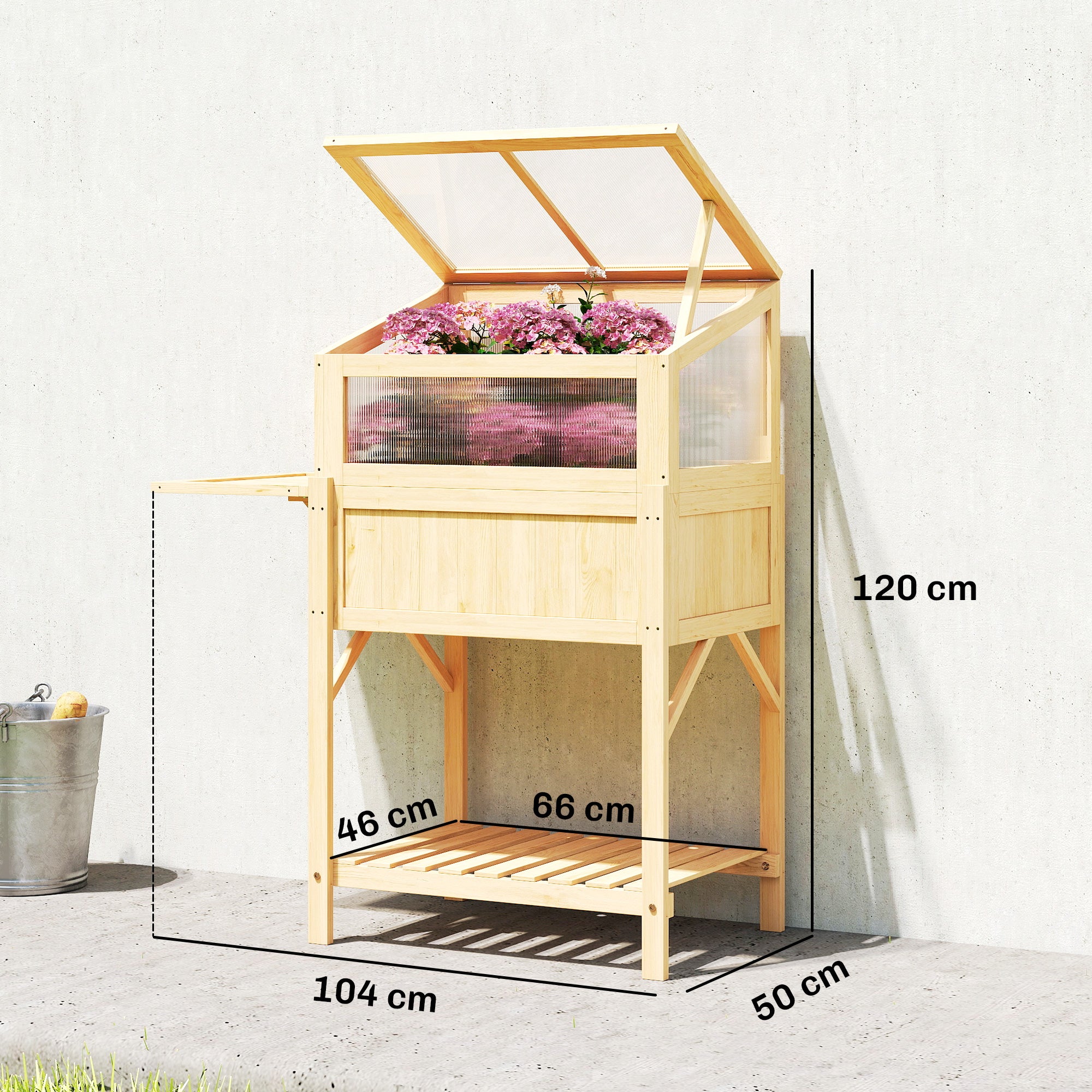 Raised Garden Bed with Cold Frame — Elevated Pine Wood Planter with Foldable Side Table & Storage Shelf for Vegetables, Flowers, Herbs, 104 x 50 x 120 cm (41 x 19.7 x 47.2 in) — Natural