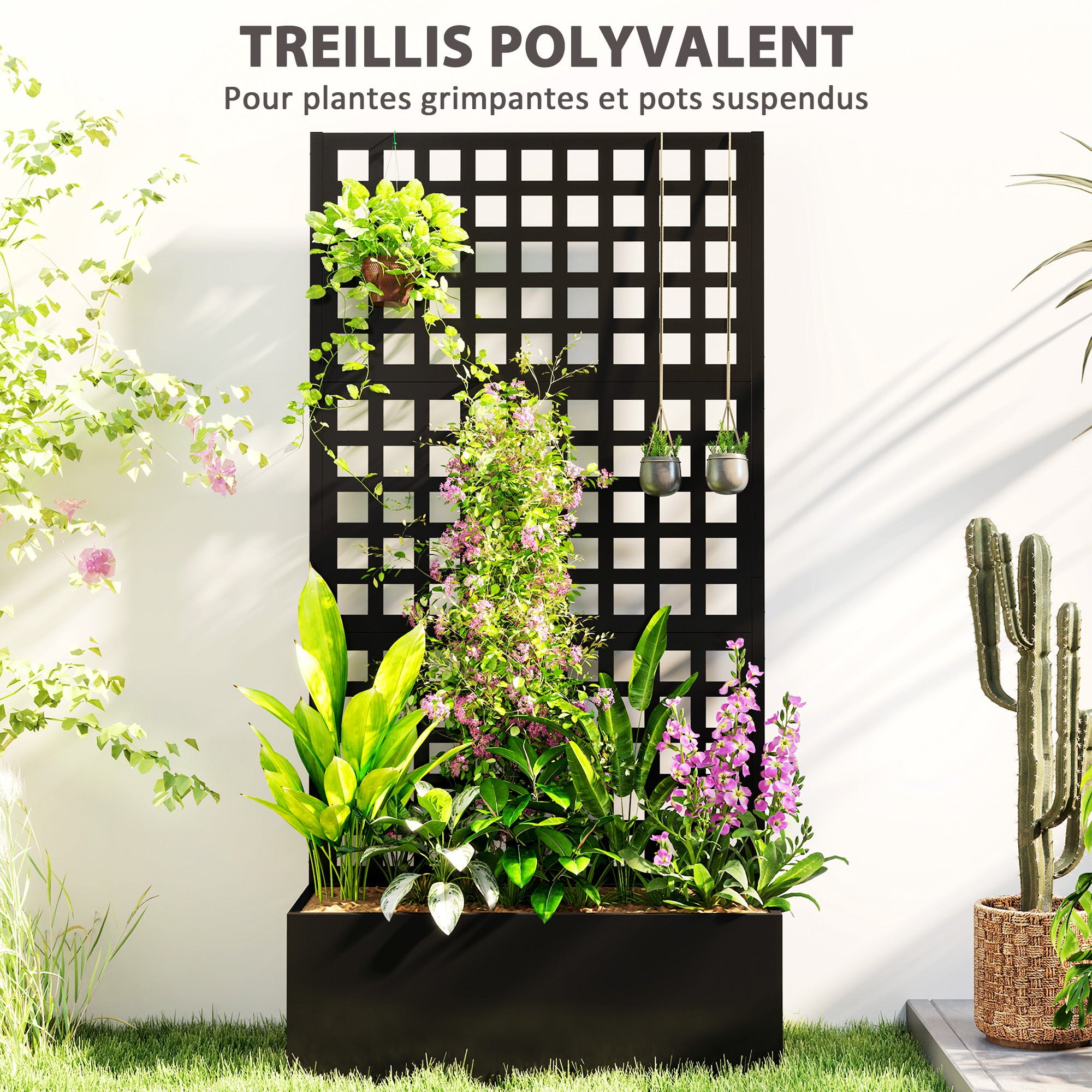 Planter Box with Lattice, Privacy Screen, Raised Garden Bed, Outdoor Planter Box made of galvanized steel, for climbing plants, planter box for balcony, terrace, patio, 89x40x178cm, Black