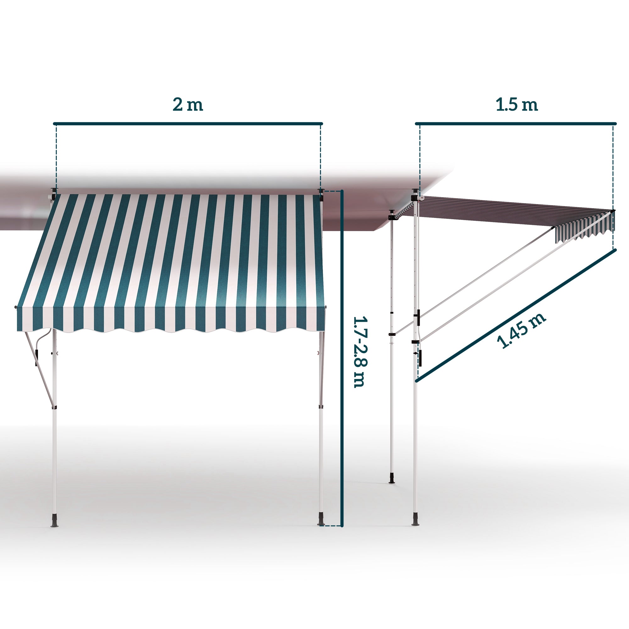 Clamp Awning with Hand Crank Height Adjustable Pivot Arm Awning Dirt-Repellent, Weather-Resistant Balcony Awning 150cm Wide Patio Awning for Terrace Balcony Porch Green