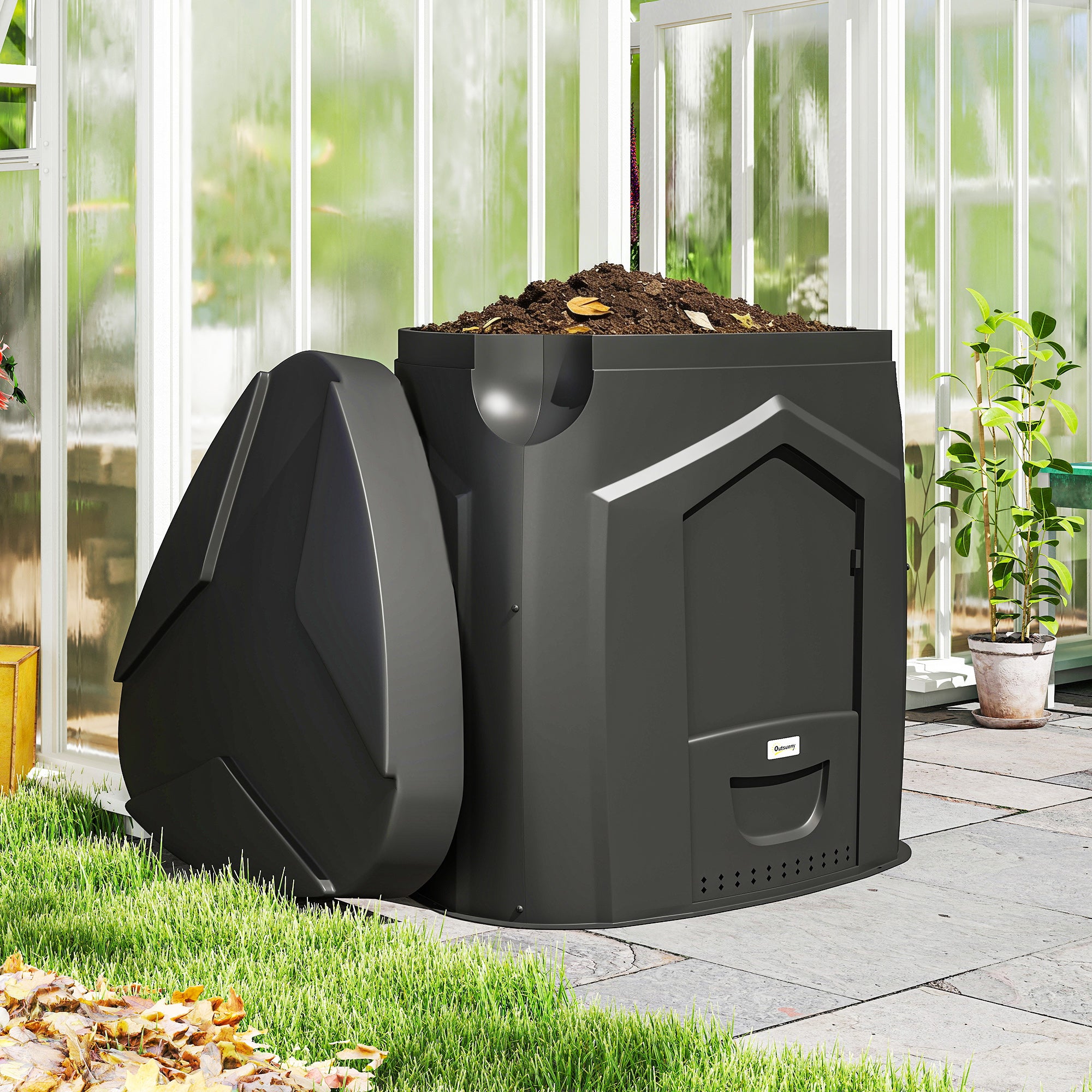 Garden Composter, 240 L (63.4 gal), 78 x 75 x 78 cm Triangular Compost Bin with 3 Doors, 66 Vent Holes & Open Bottom — Includes Gloves & Screwdriver, Black