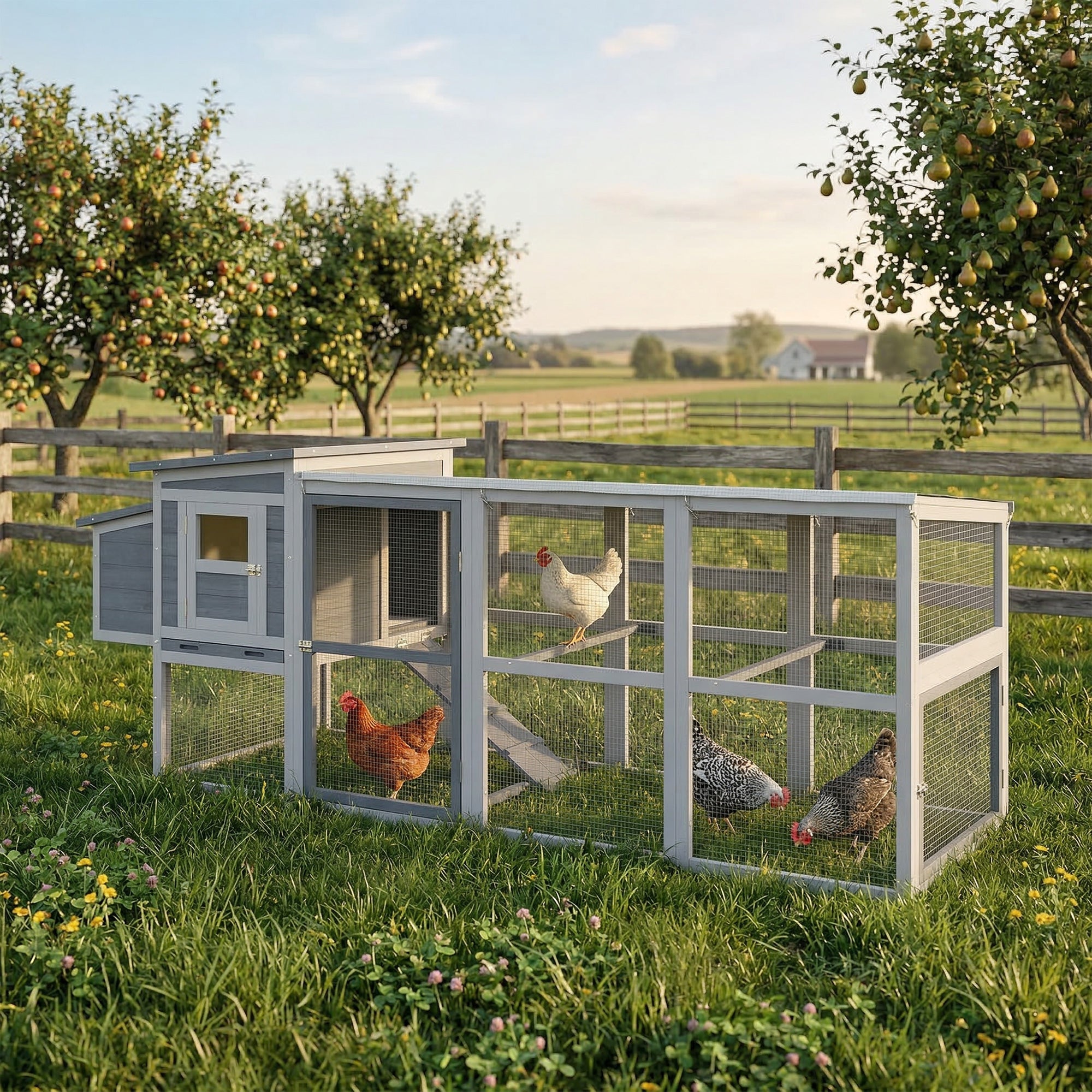 Wooden Chicken Coop with Run for 3–4 Hens, 104 x 32 x 35 in (264 x 82 x 89 cm) — Asphalt Roof, Oxford Cover, Nest Box, Perches, Pull-Out Tray — Gray