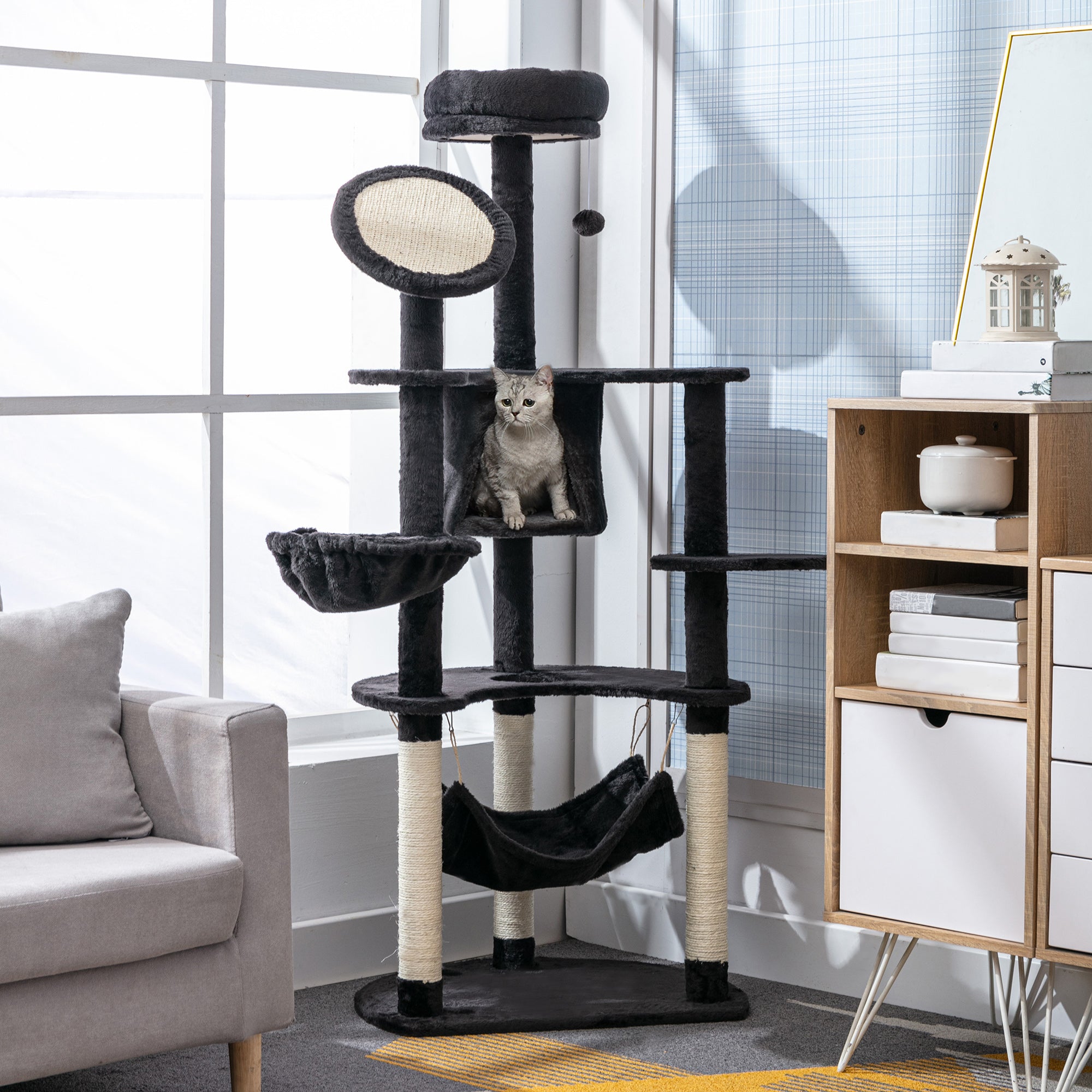 Cat Scratching Tree Large 65x50x153 cm Cat Tower Activity Center with Multiple Platforms Post Hammock Toy Balls and Dark Gray Cave