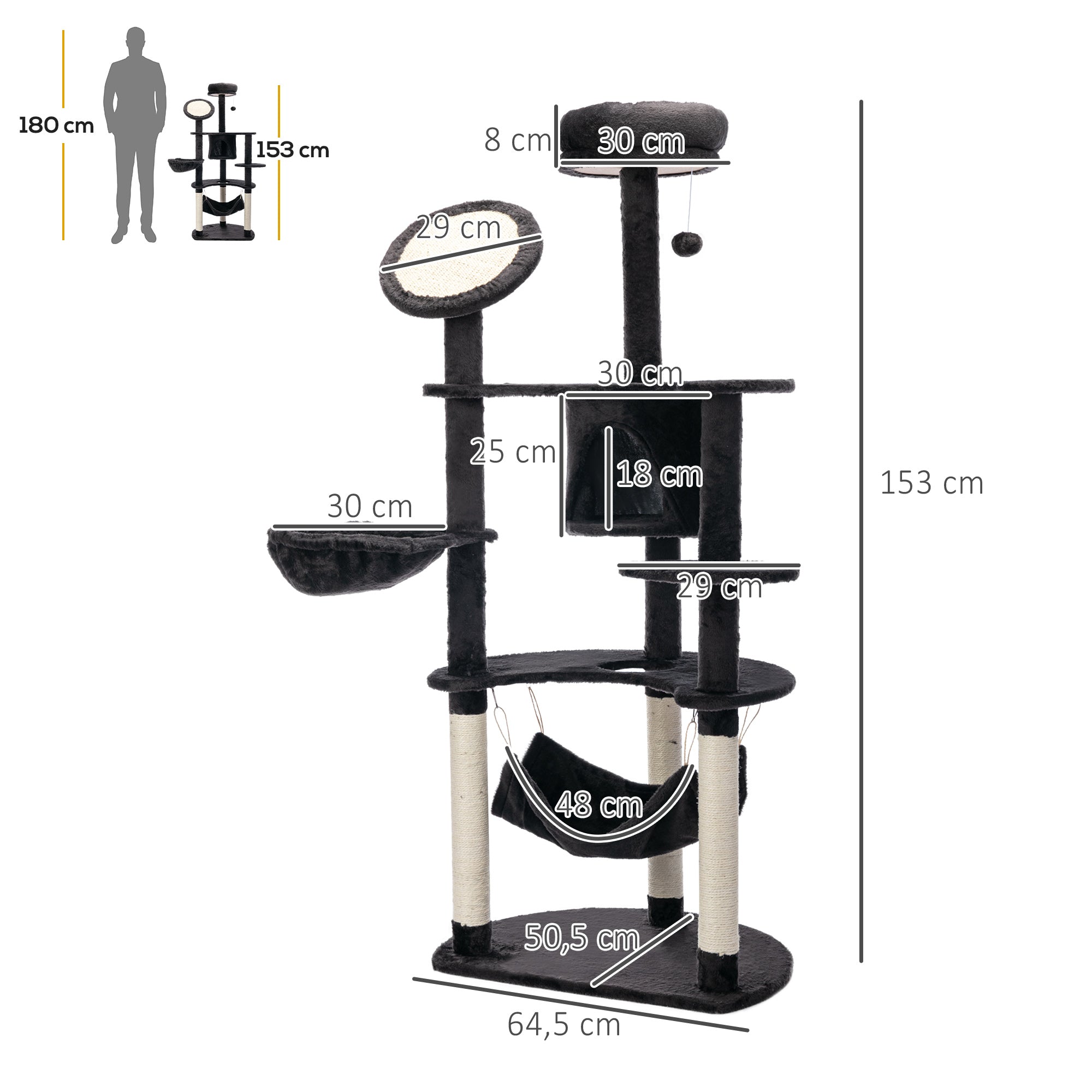 Cat Scratching Tree Large 65x50x153 cm Cat Tower Activity Center with Multiple Platforms Post Hammock Toy Balls and Dark Gray Cave