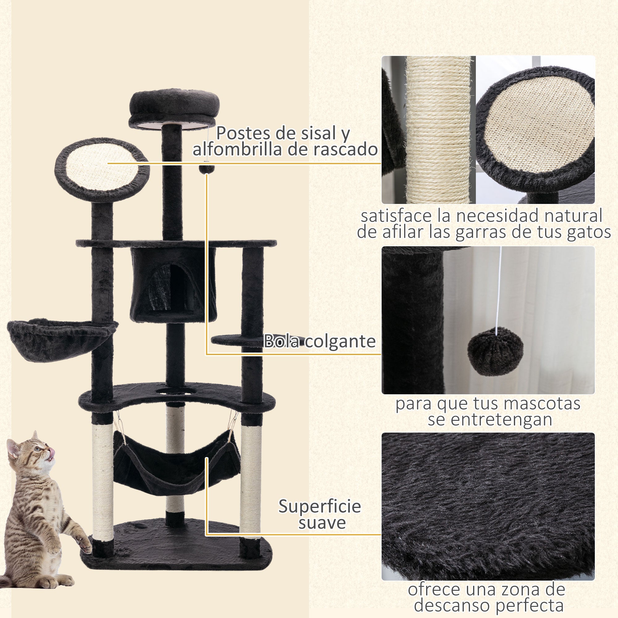 Cat Scratching Tree Large 65x50x153 cm Cat Tower Activity Center with Multiple Platforms Post Hammock Toy Balls and Dark Gray Cave