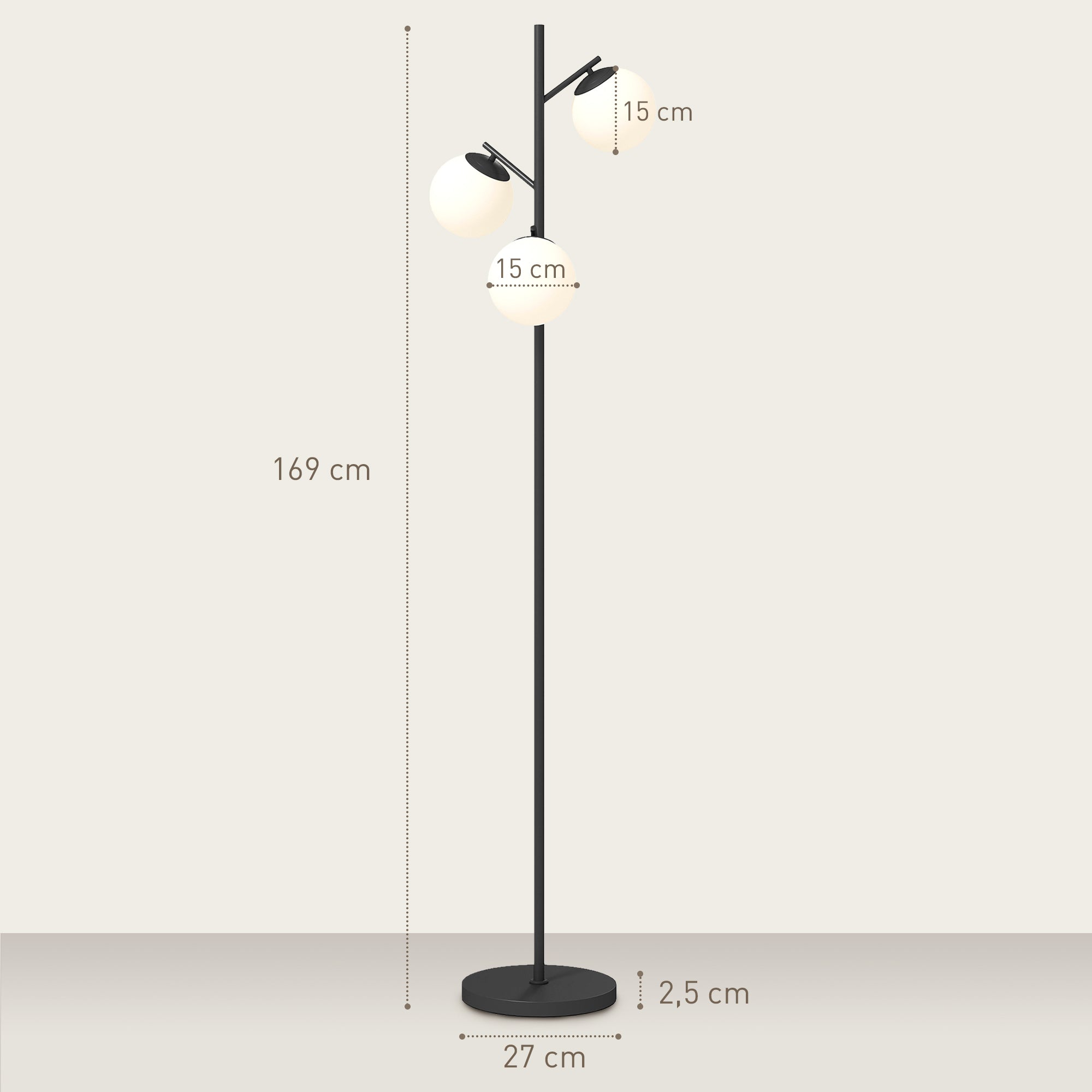 Floor Lamp with Black Metal Stand and 3 White Frosted Glass Globe Lampshades - 40W - Ø 27 x 169 cm Black