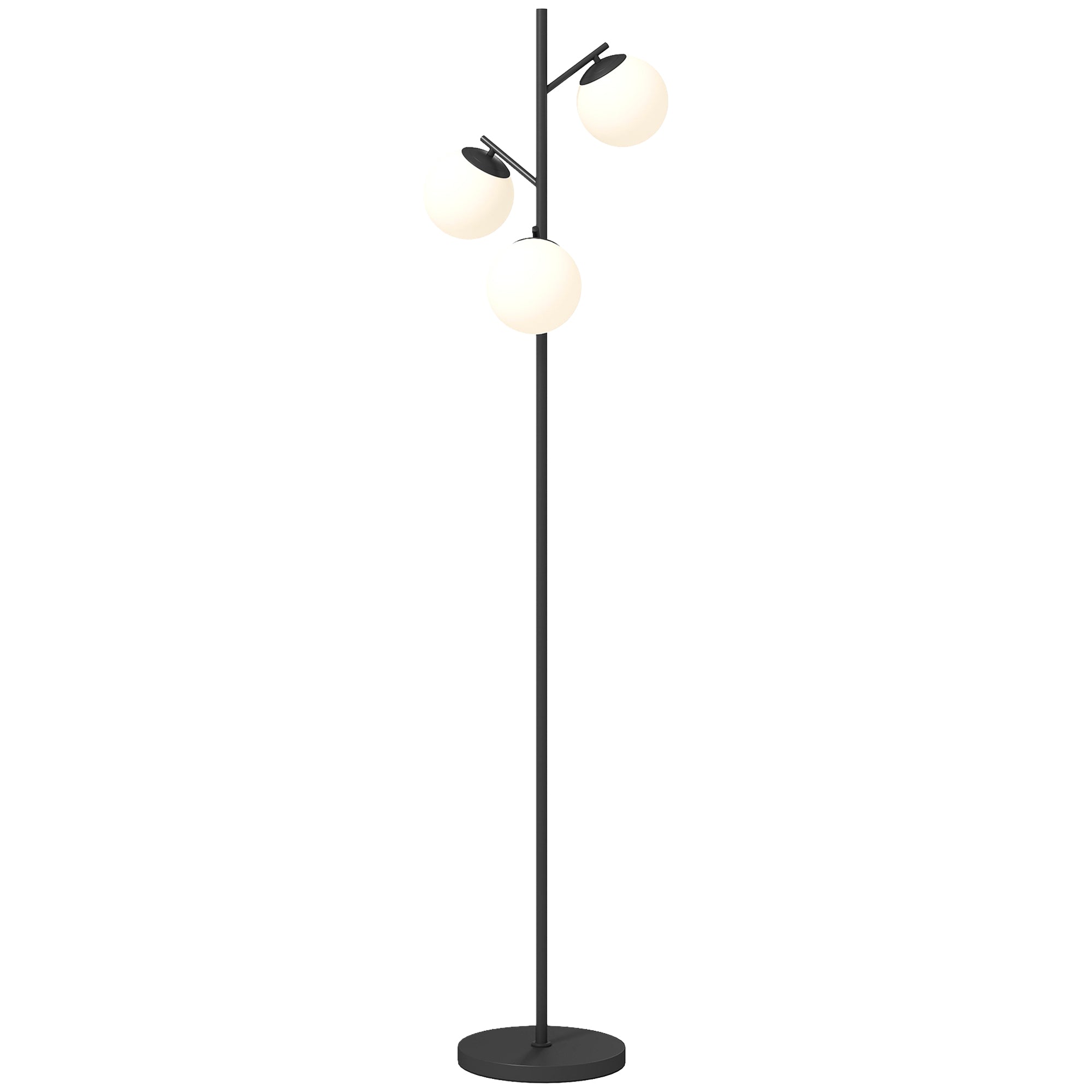 Floor Lamp with Black Metal Stand and 3 White Frosted Glass Globe Lampshades - 40W - Ø 27 x 169 cm Black
