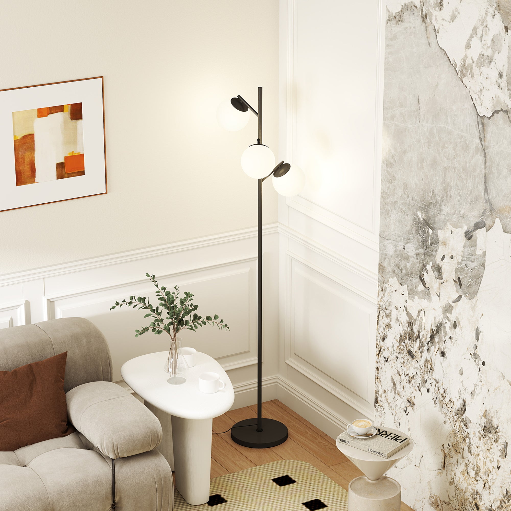 Floor Lamp with Black Metal Stand and 3 White Frosted Glass Globe Lampshades - 40W - Ø 27 x 169 cm Black