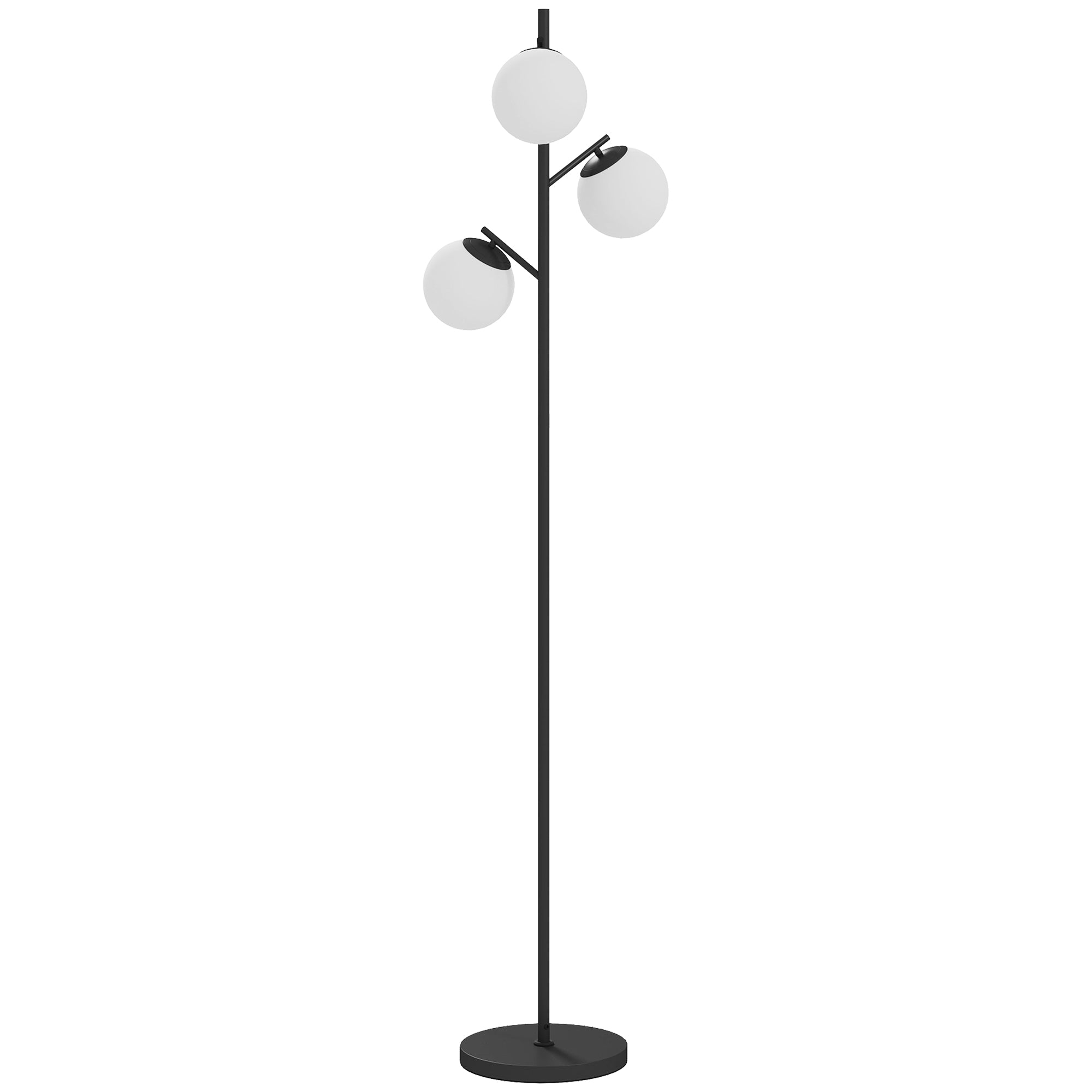 Floor Lamp with Black Metal Stand and 3 White Frosted Glass Globe Lampshades - 40W - Ø 27 x 169 cm Black