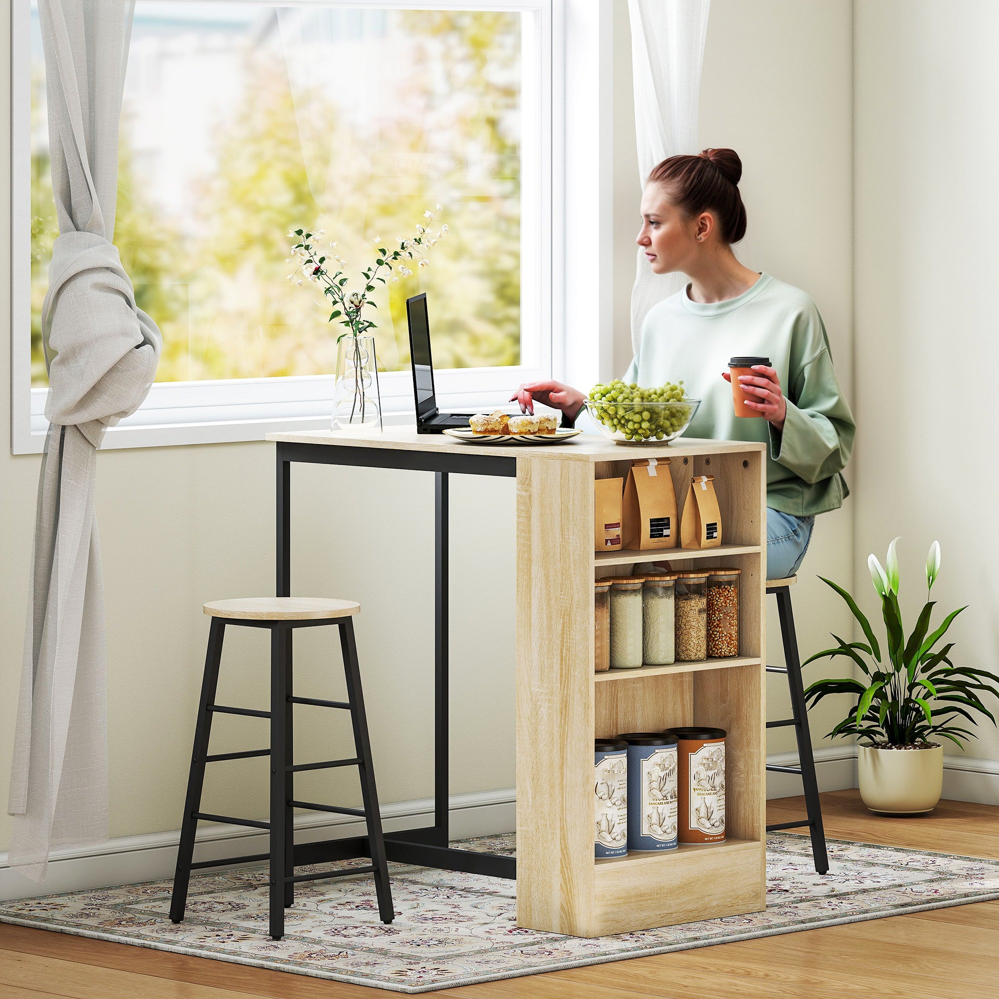 Bar Table Set Bar Table with Bar Stool Set Kitchen Counter with 2 Bar Chairs and Footrest Modern Kitchen Table with 4 Adjustable Shelves for Kitchen, Dining Room, Oak