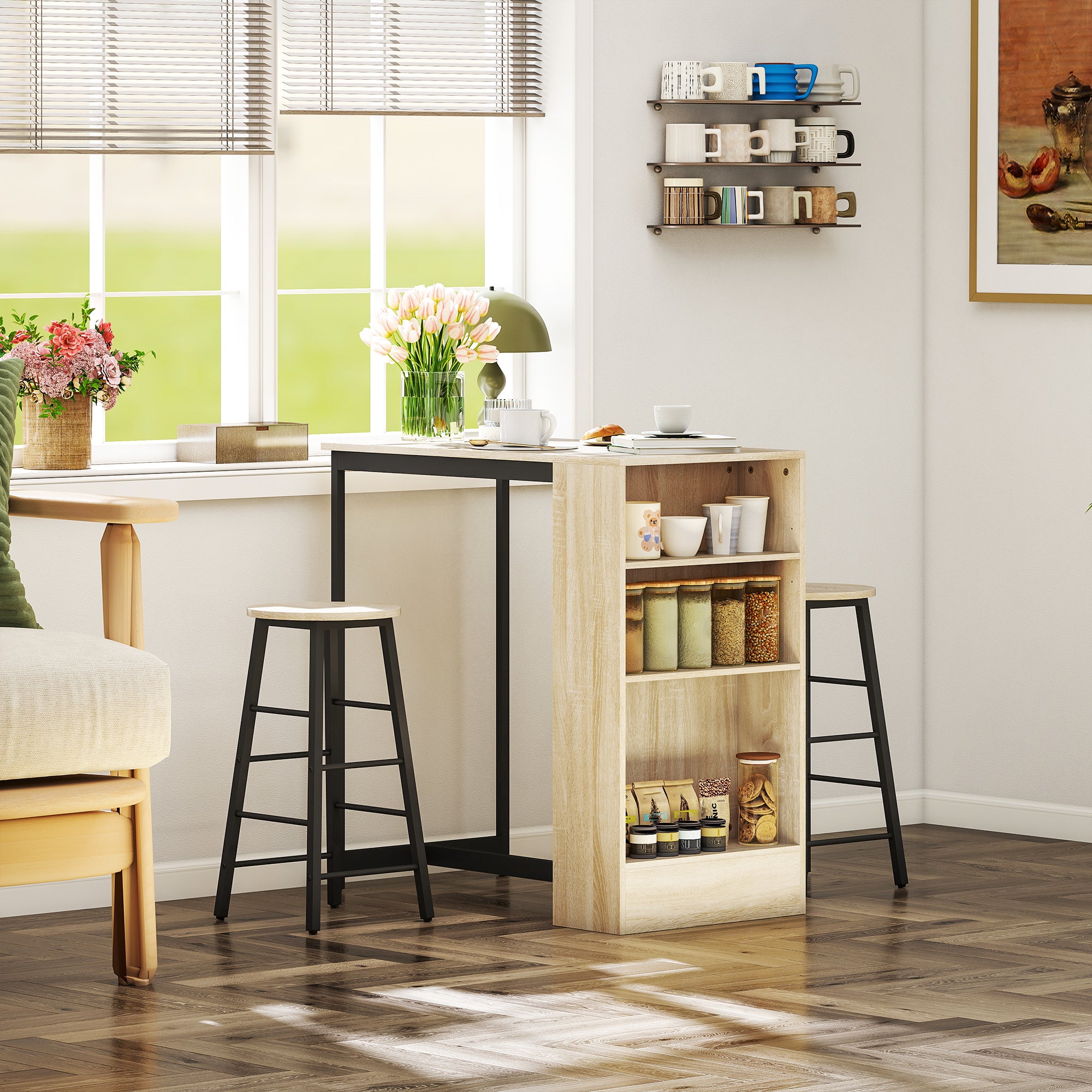 Bar Table Set Bar Table with Bar Stool Set Kitchen Counter with 2 Bar Chairs and Footrest Modern Kitchen Table with 4 Adjustable Shelves for Kitchen, Dining Room, Oak