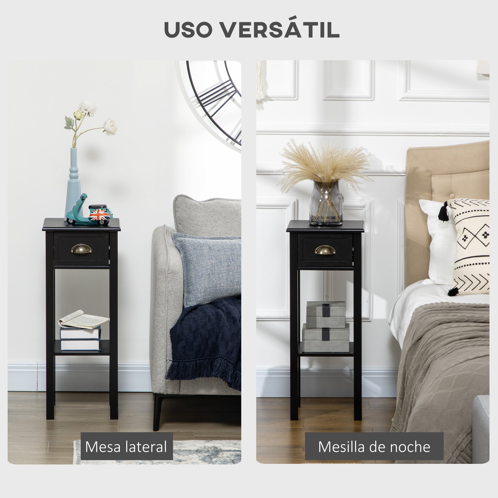 Modern Style Side Table with Drawer and Storage Shelf Nightstand for Living Room Bedroom 30x30x75 cm Black