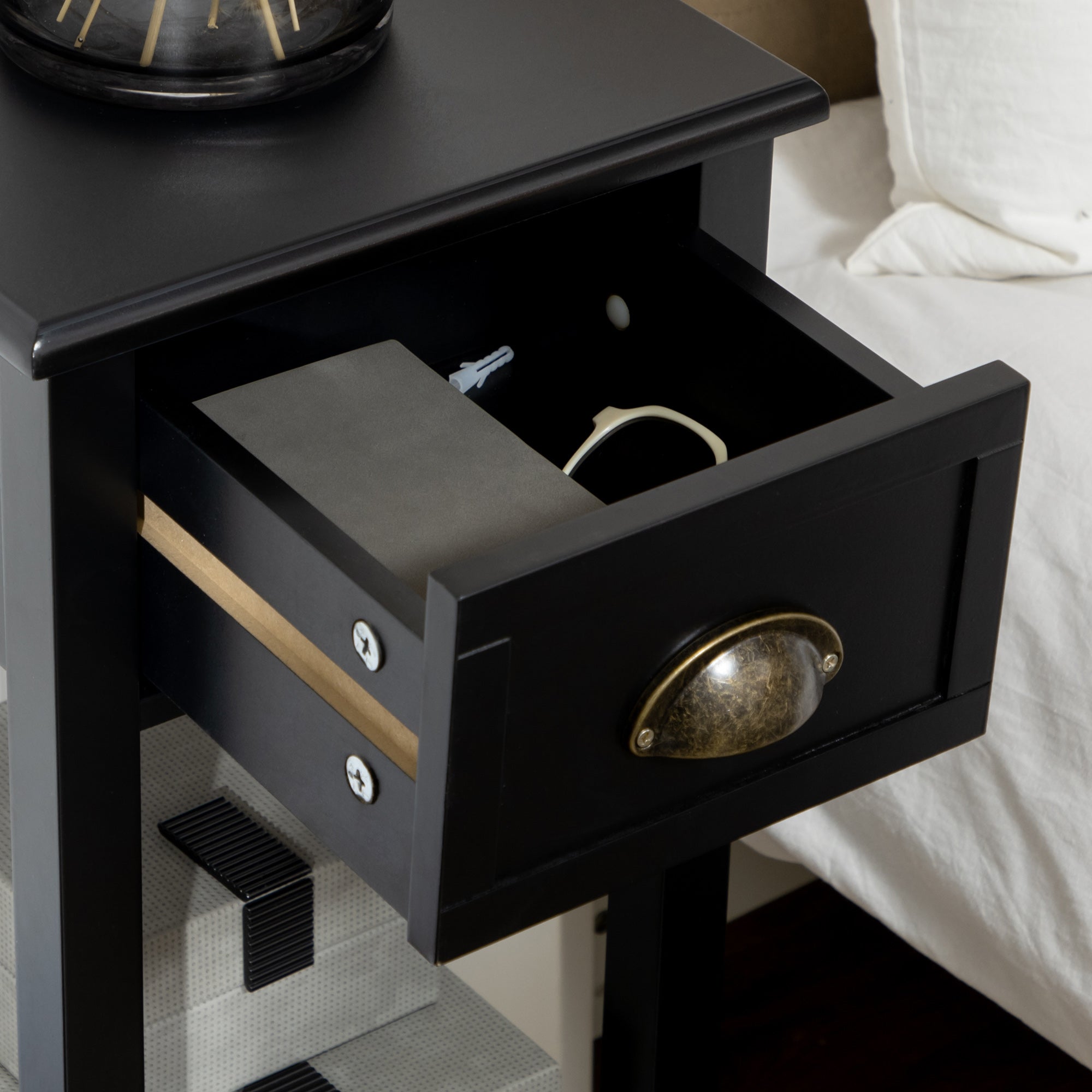 Modern Style Side Table with Drawer and Storage Shelf Nightstand for Living Room Bedroom 30x30x75 cm Black