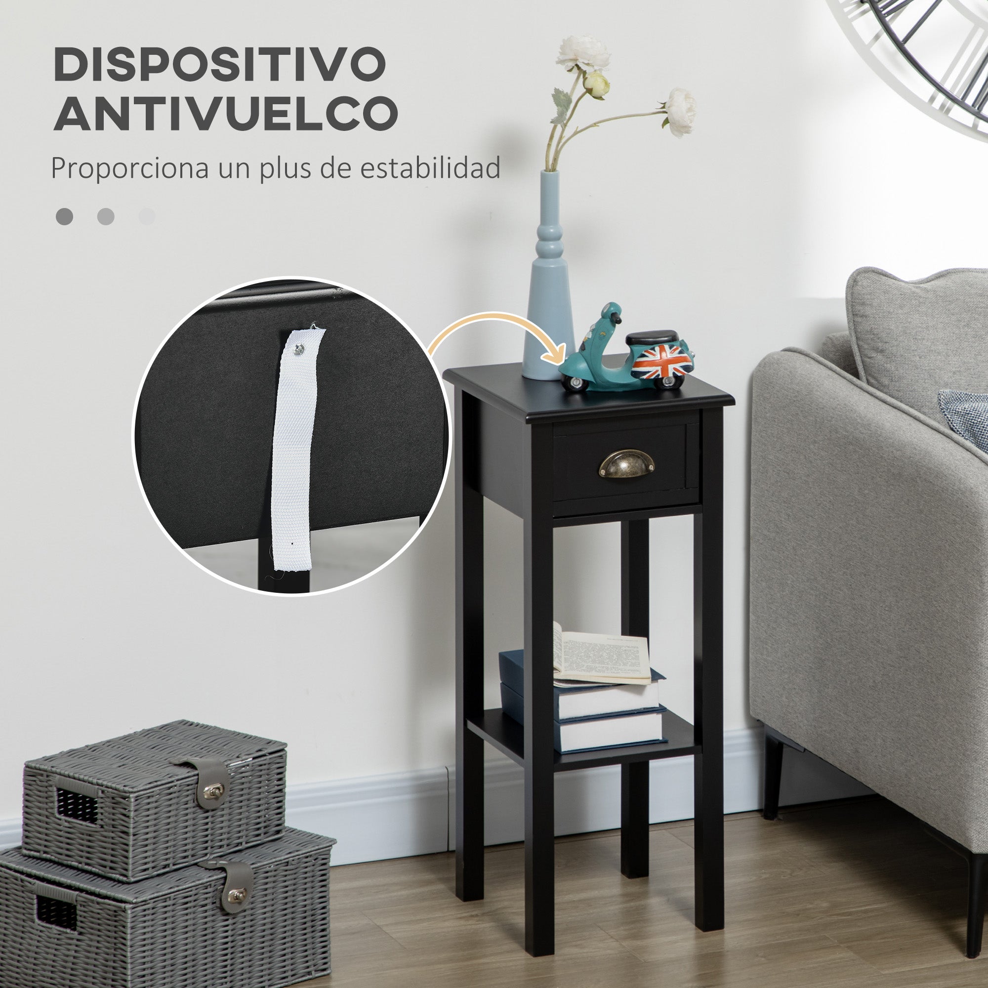 Modern Style Side Table with Drawer and Storage Shelf Nightstand for Living Room Bedroom 30x30x75 cm Black