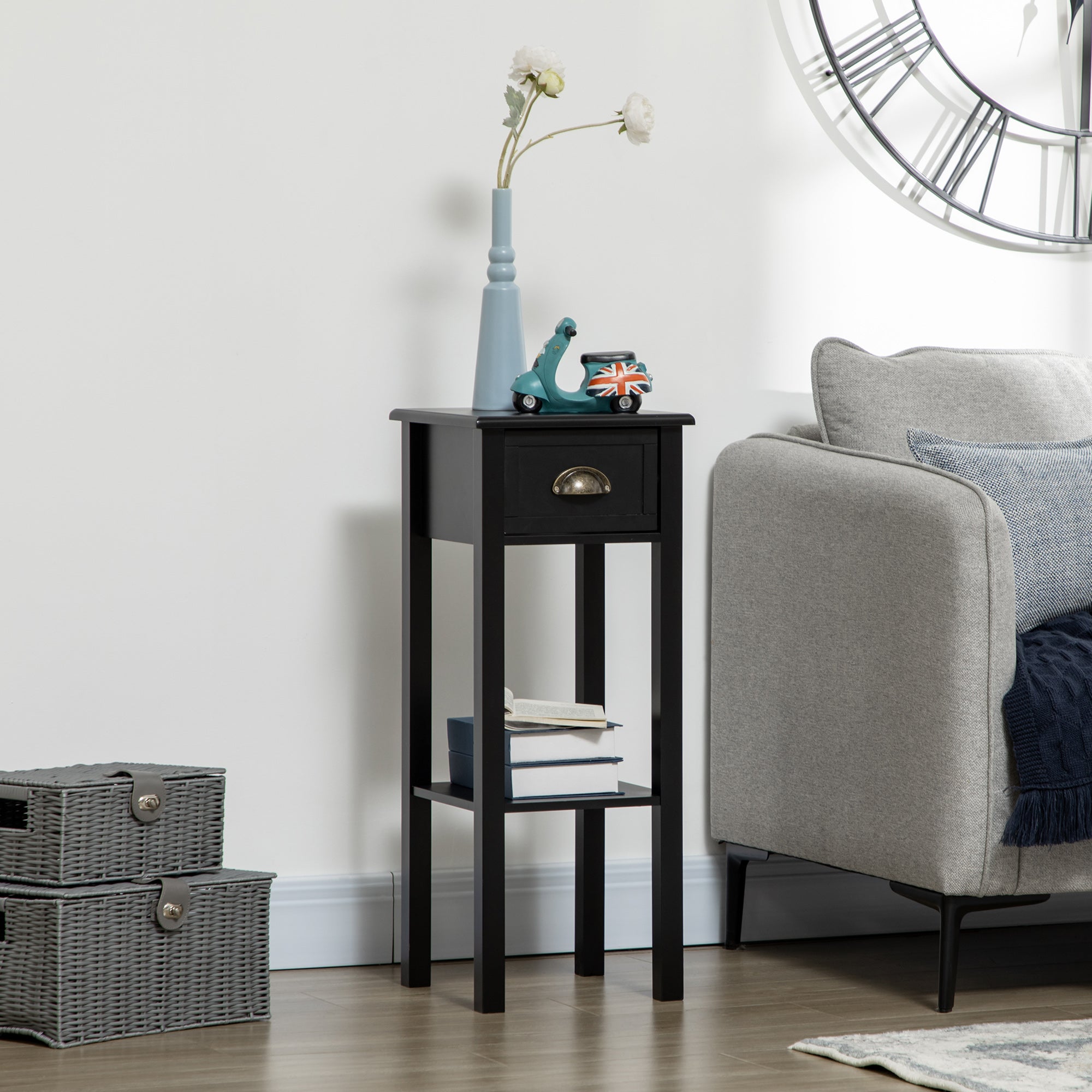 Modern Style Side Table with Drawer and Storage Shelf Nightstand for Living Room Bedroom 30x30x75 cm Black