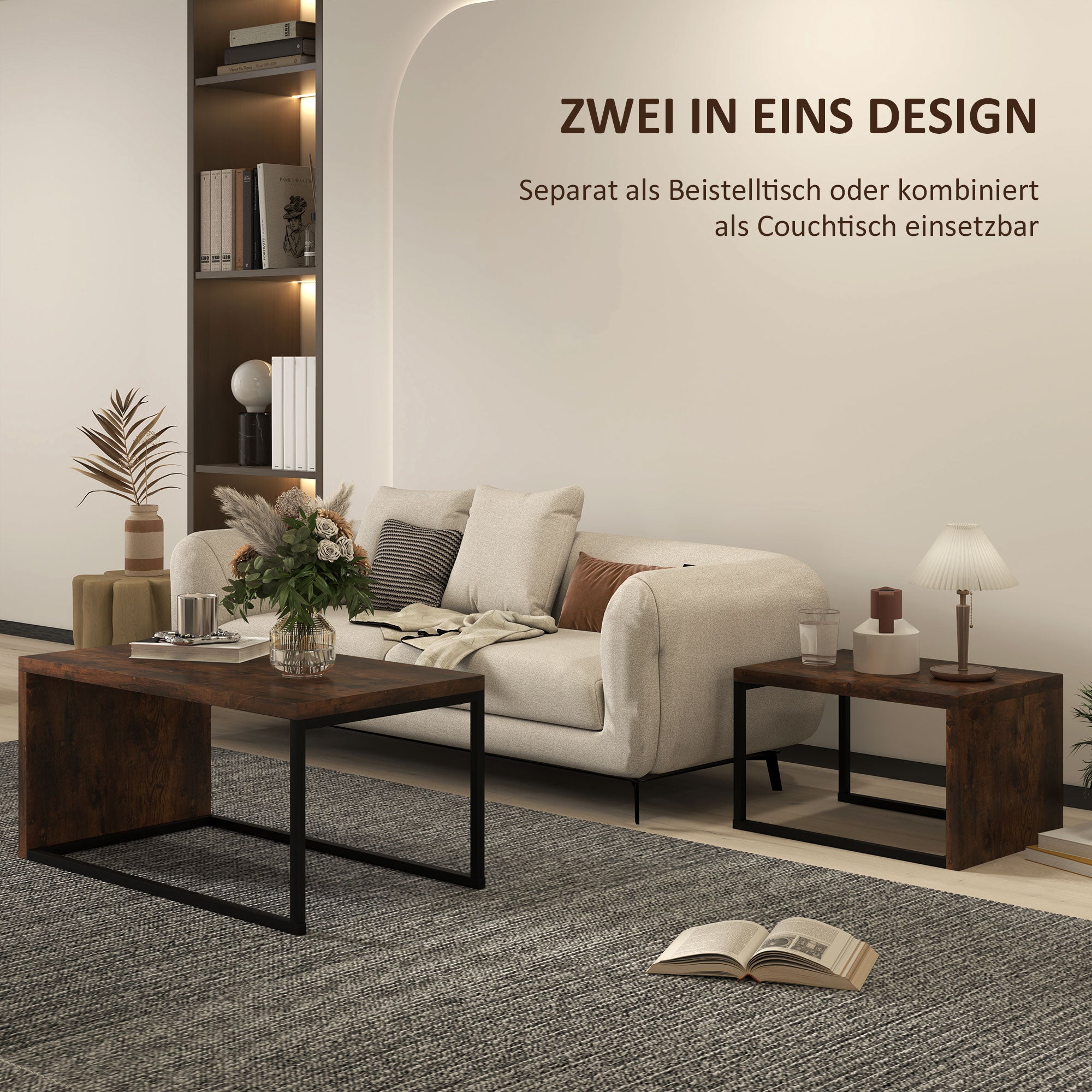 2-Piece Coffee Table Set Living Room Table with Metal Frame, Coffee Table End Table for Living Room Bedroom, Rustic Brown