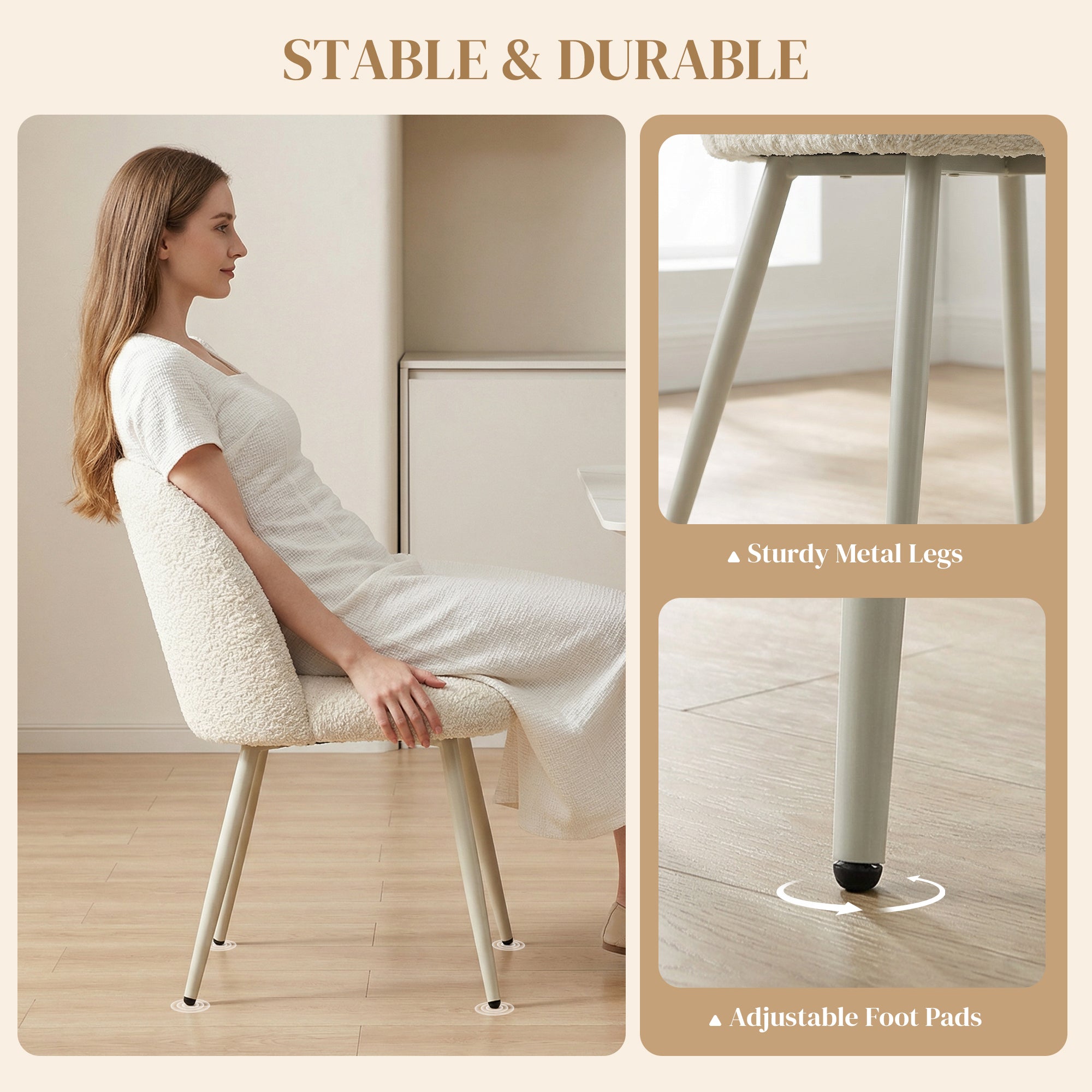 2-Pack Dining Chairs with Backrest, Cream Chenille Upholstery — Scandinavian Upholstered Side Chairs with Metal Legs