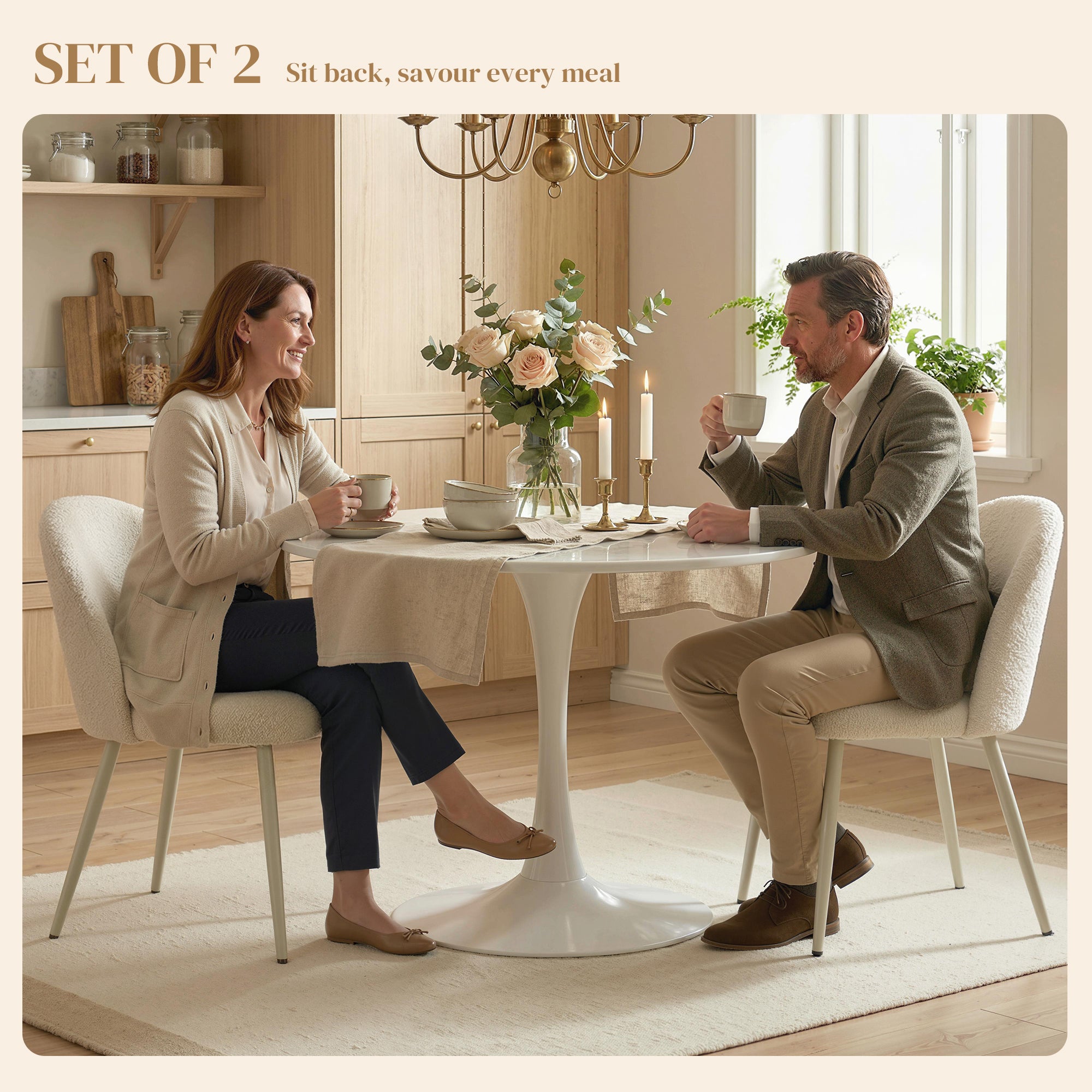 2-Pack Dining Chairs with Backrest, Cream Chenille Upholstery — Scandinavian Upholstered Side Chairs with Metal Legs