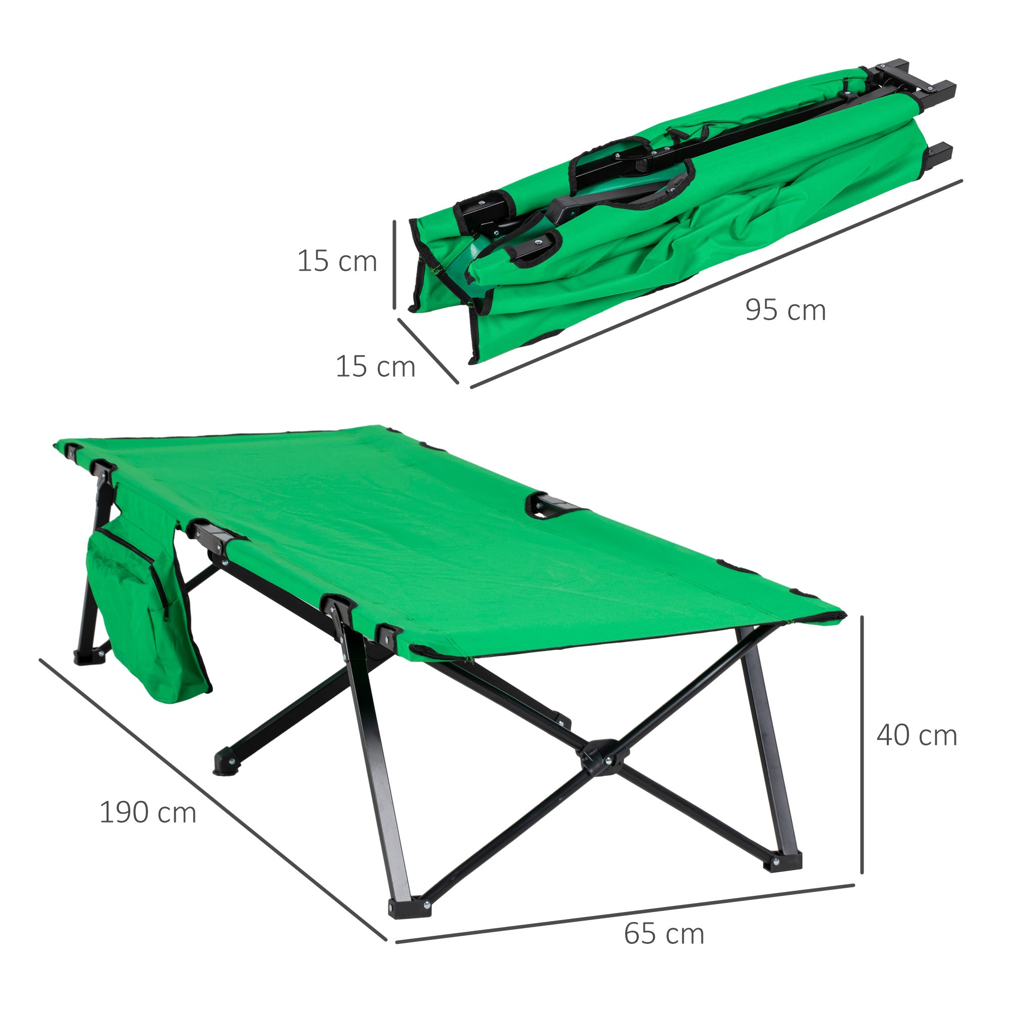 Camping Bed Folding Bed Portable with Side Pocket Cup Holder up to 136 kg load capacity Steel Oxford Green+Black 190 x 65 x 40 cm