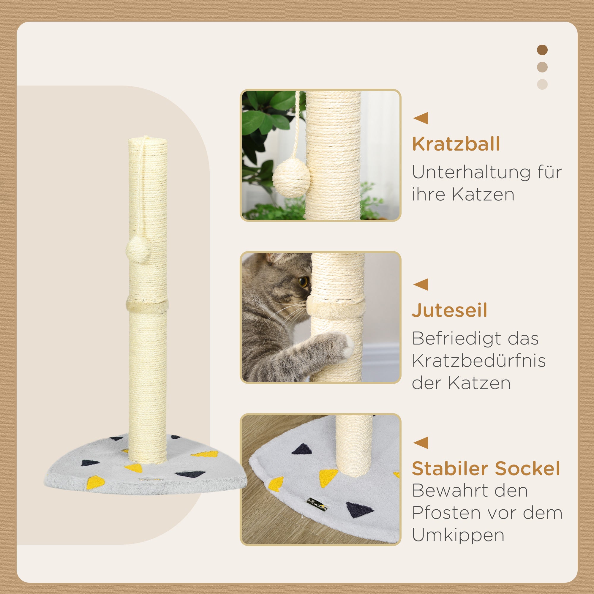 Cat Scratching Post, 62cm Scratching Pole for Cats, Small Cat Tree with Toy Ball, Jute Scratching Post, Cat Furniture, Indoor, Light Grey+Beige