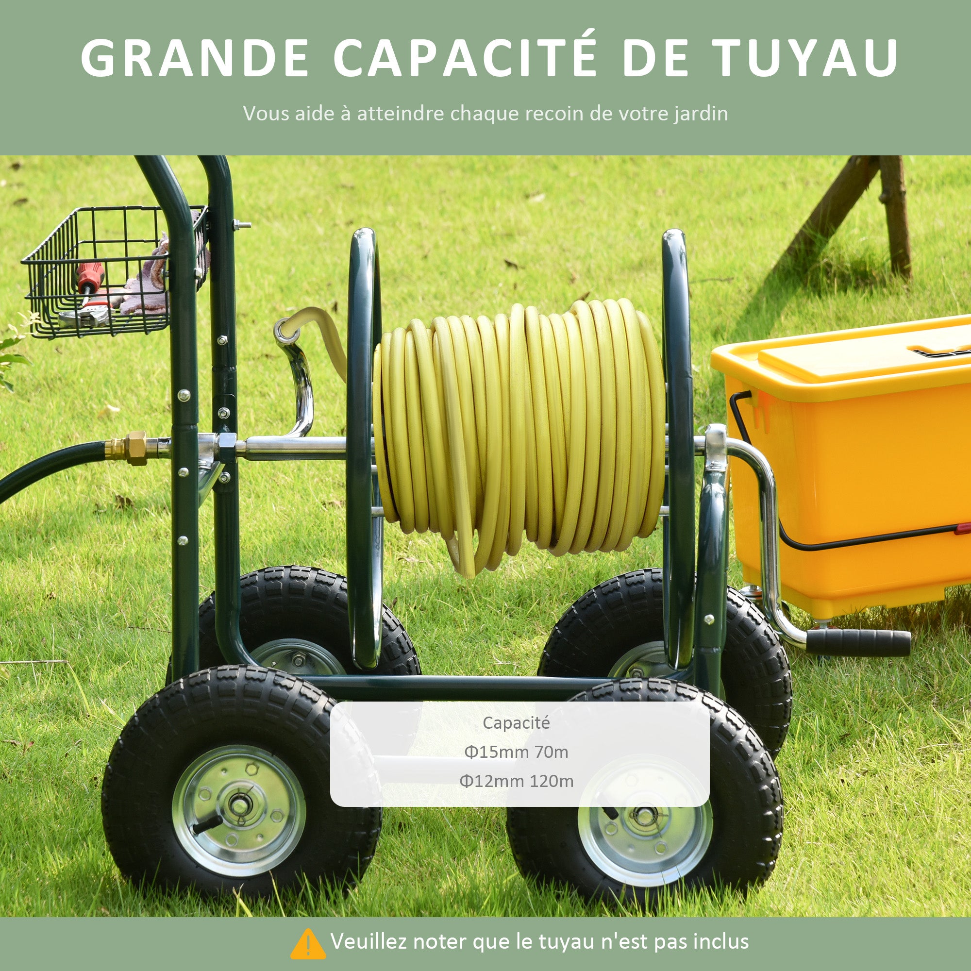 Wheeled Hose Reel 70 m - Metal Hose Reel - Hose Reel Chariot - Hose Reel - Non-slip Handle, Storage Basket - Green Metal