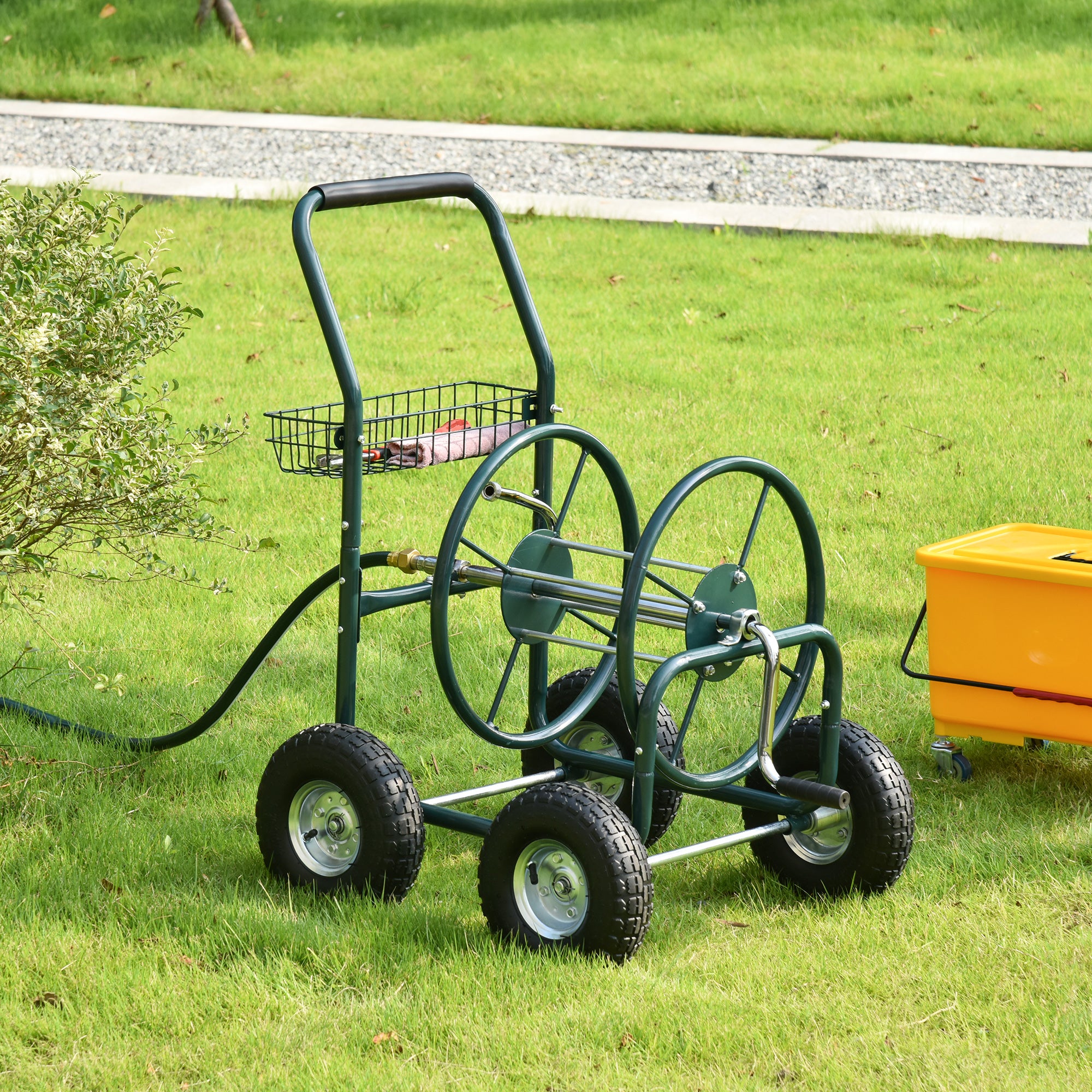 Wheeled Hose Reel 70 m - Metal Hose Reel - Hose Reel Chariot - Hose Reel - Non-slip Handle, Storage Basket - Green Metal