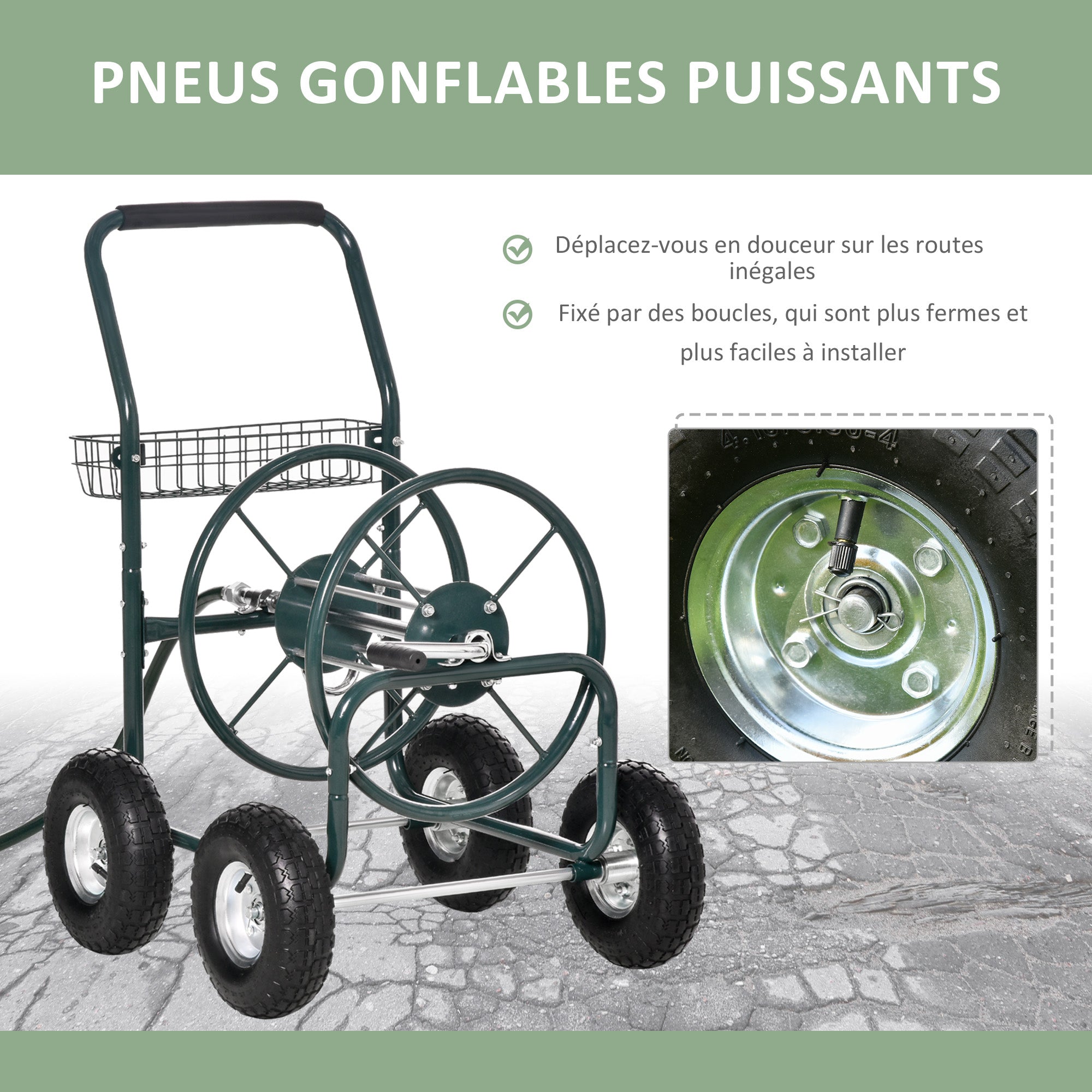 Wheeled Hose Reel 70 m - Metal Hose Reel - Hose Reel Chariot - Hose Reel - Non-slip Handle, Storage Basket - Green Metal