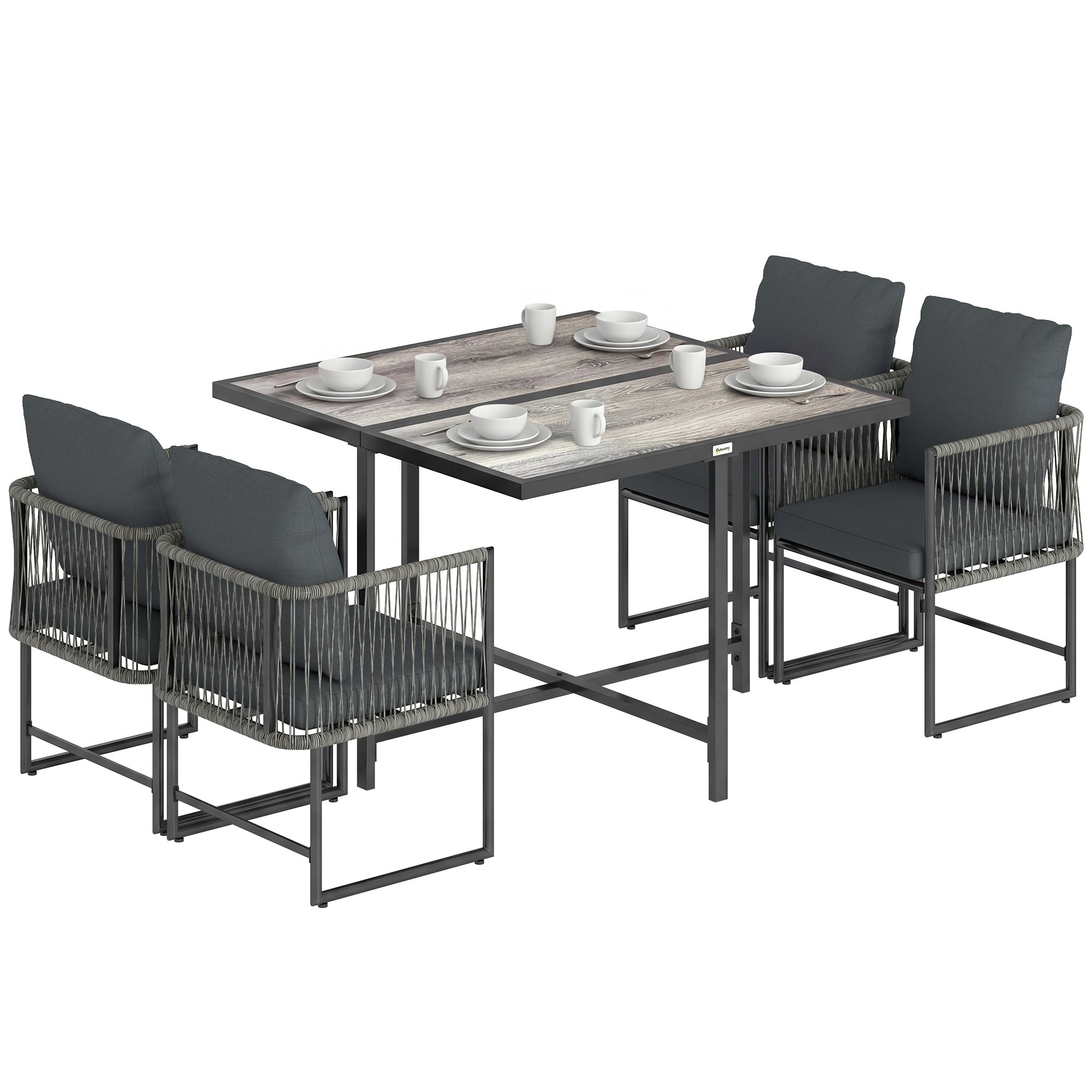 5-Piece Polyrattan Garden Furniture Set — Space-Saving Dining Set with Removable Cushions, Two-Part DPC Tabletop, Seats 4, for Garden Balcony Terrace