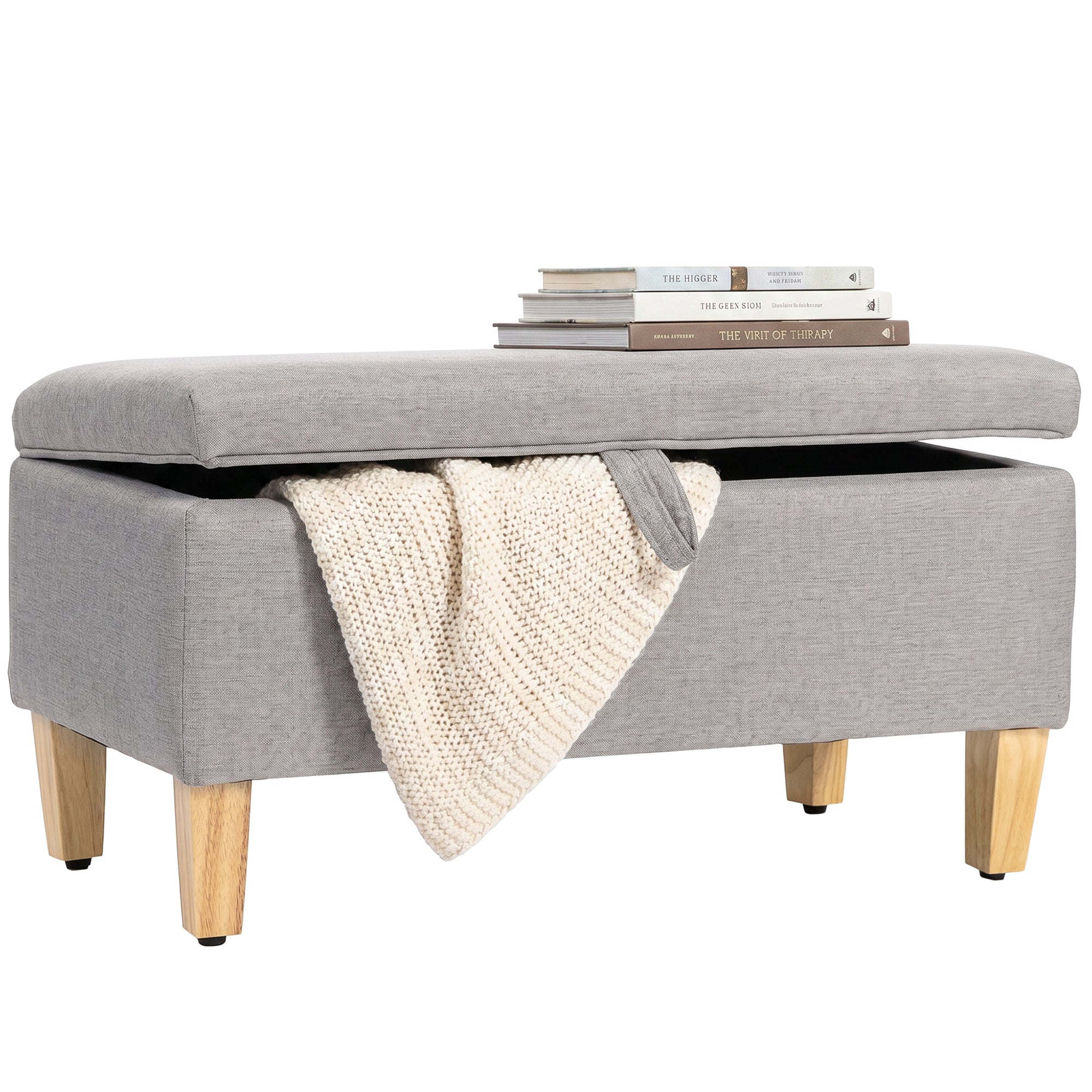 Storage Bench — Linen-Upholstered End-of-Bed Ottoman with Rubberwood Legs, Light Gray, 71 x 37 x 36 cm (28.0 x 14.6 x 14.2 in)