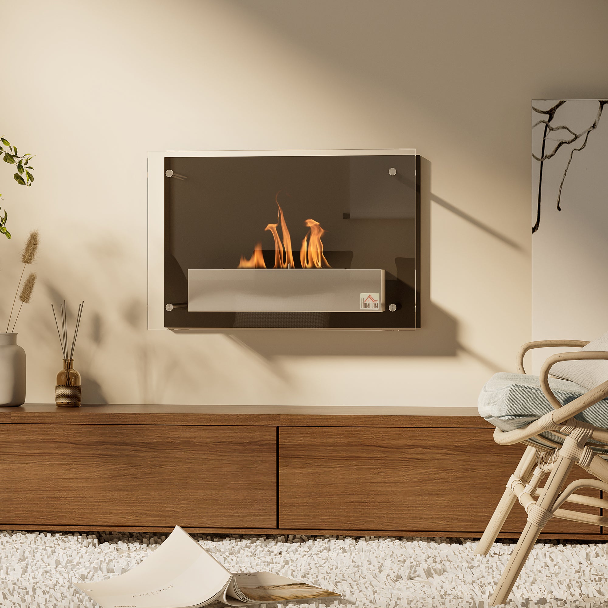 Wall-Mounted Bioethanol Fireplace Ethanol Stove 1.5 L Capacity 3-Hour Combustion Stainless Steel Tank for 20-25 m² 60x22x40 cm Black