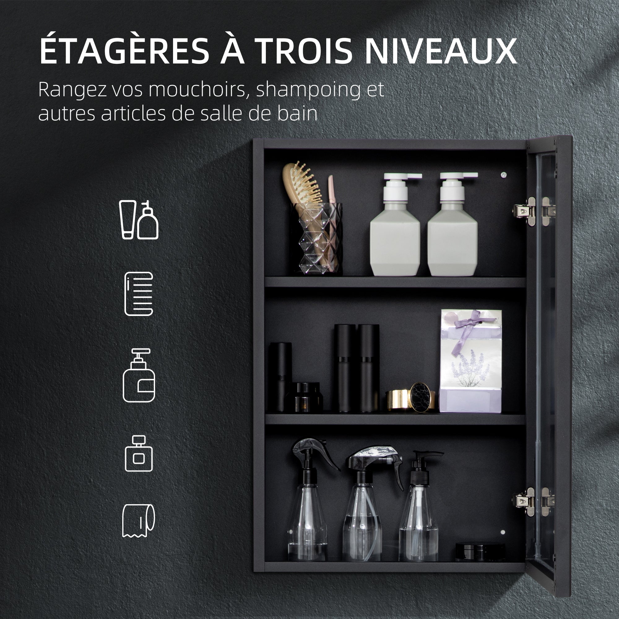 Bathroom Mirror Cabinet with Aluminum Door + Stainless Steel Frame Wall Mounted Mirror Cabinet with 1 Mirror Door and 2 Steel Shelves 40 x 12 x 60 cm - Black