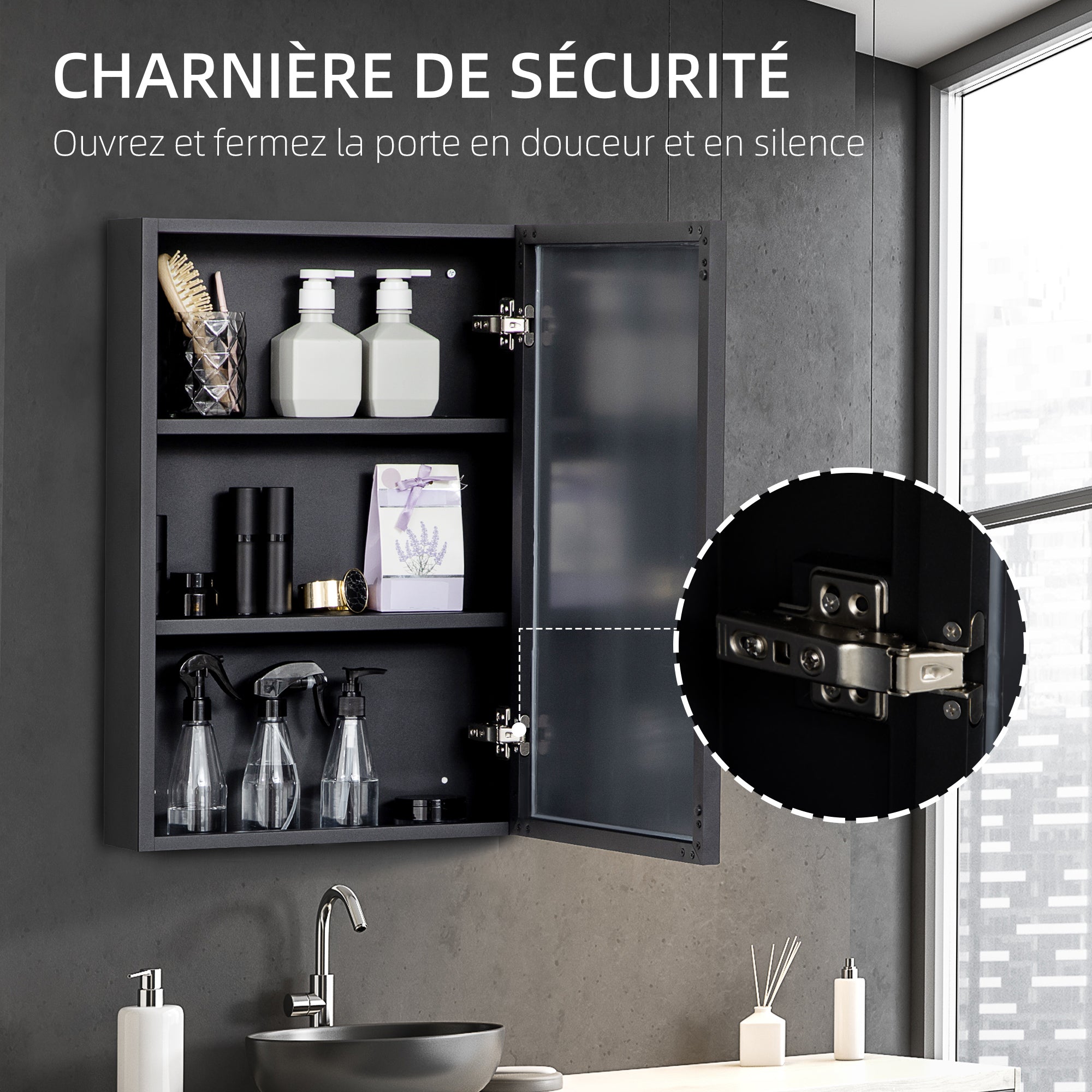 Bathroom Mirror Cabinet with Aluminum Door + Stainless Steel Frame Wall Mounted Mirror Cabinet with 1 Mirror Door and 2 Steel Shelves 40 x 12 x 60 cm - Black