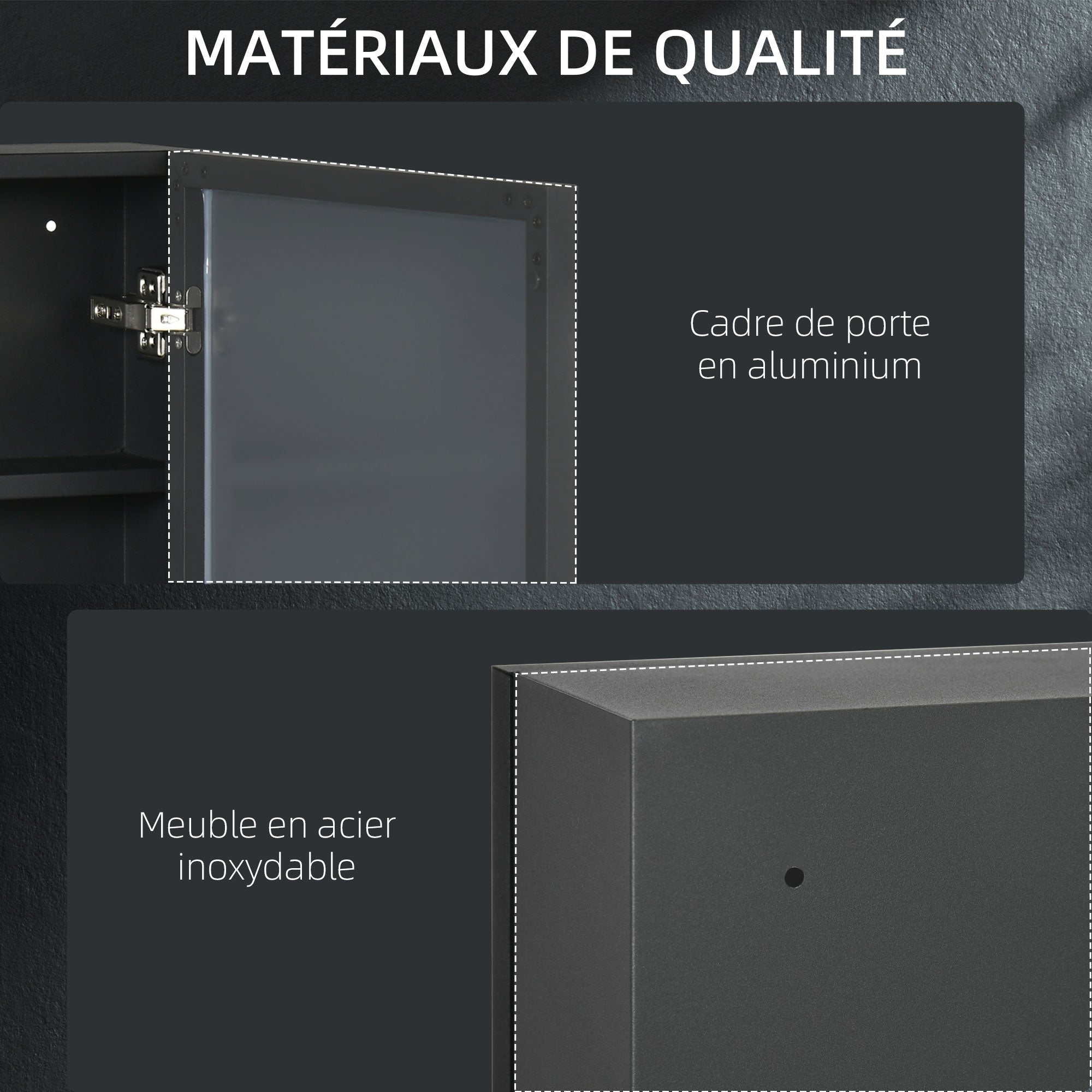 Bathroom Mirror Cabinet with Aluminum Door + Stainless Steel Frame Wall Mounted Mirror Cabinet with 1 Mirror Door and 2 Steel Shelves 40 x 12 x 60 cm - Black