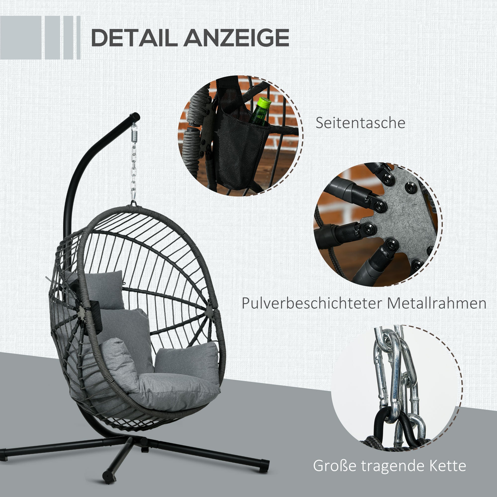 Hanging Chair with Stand, Egg-shaped Hanging Swing with Removable Cushion, Cup Holder, Foldable Hammock for Outdoor Hanging Chair Indoor Outdoor, Patio, Garden, Gray