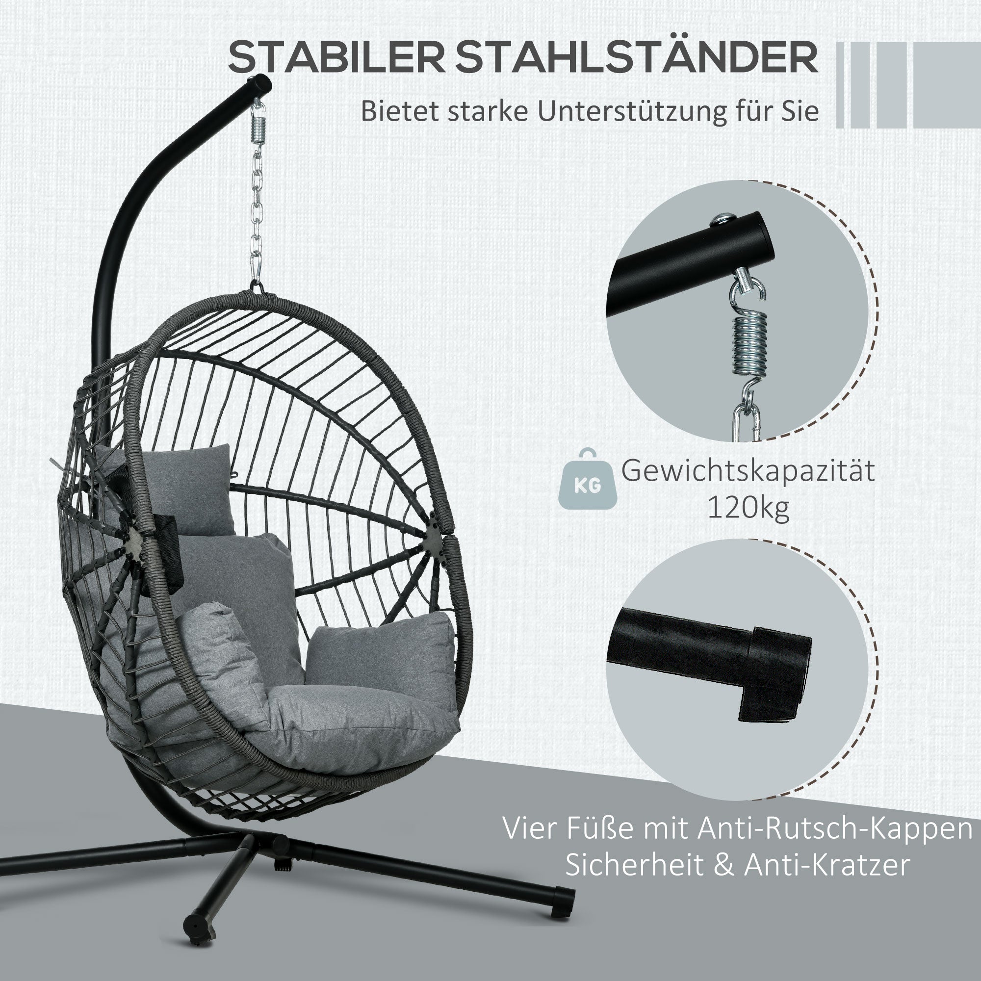 Hanging Chair with Stand, Egg-shaped Hanging Swing with Removable Cushion, Cup Holder, Foldable Hammock for Outdoor Hanging Chair Indoor Outdoor, Patio, Garden, Gray