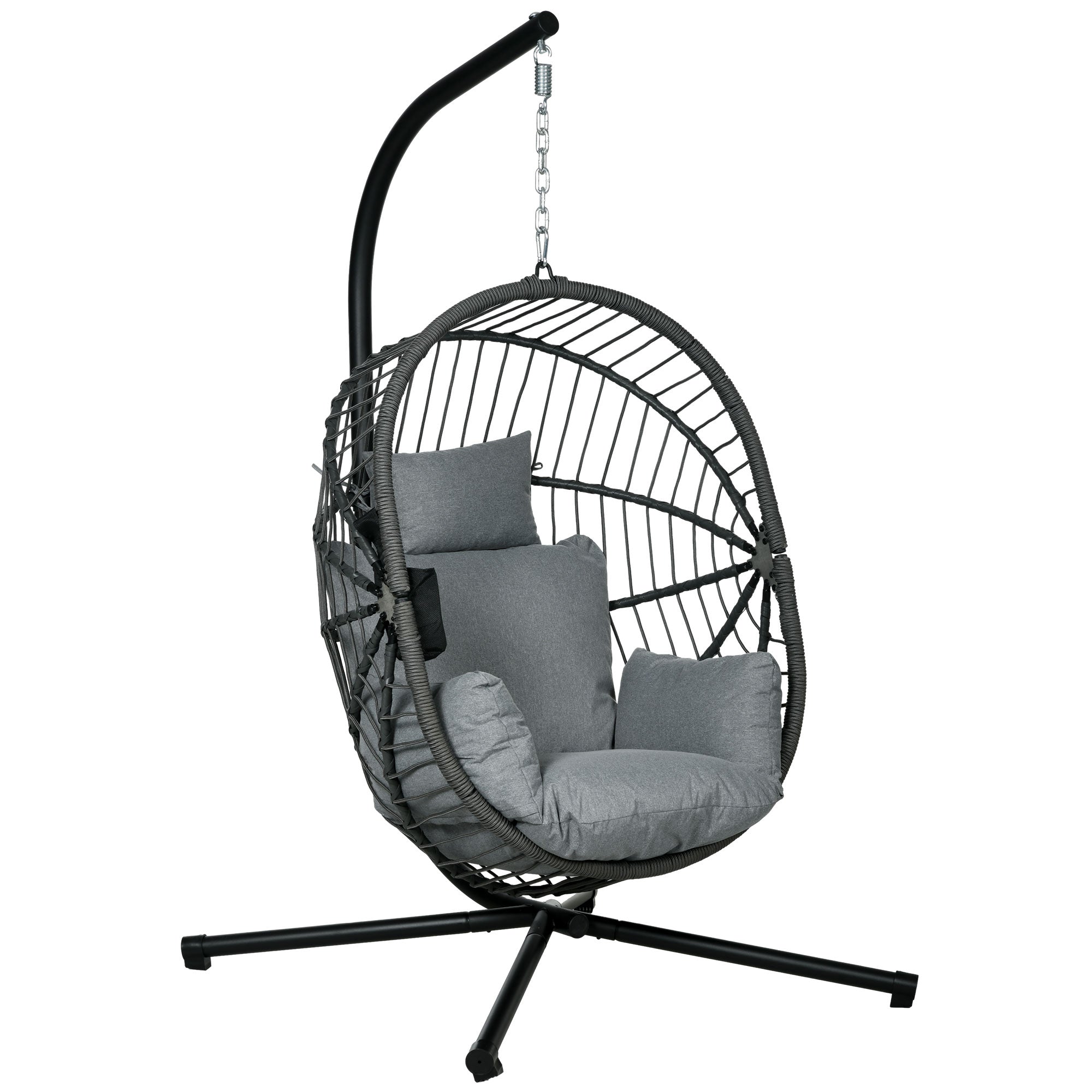 Hanging Chair with Stand, Egg-shaped Hanging Swing with Removable Cushion, Cup Holder, Foldable Hammock for Outdoor Hanging Chair Indoor Outdoor, Patio, Garden, Gray